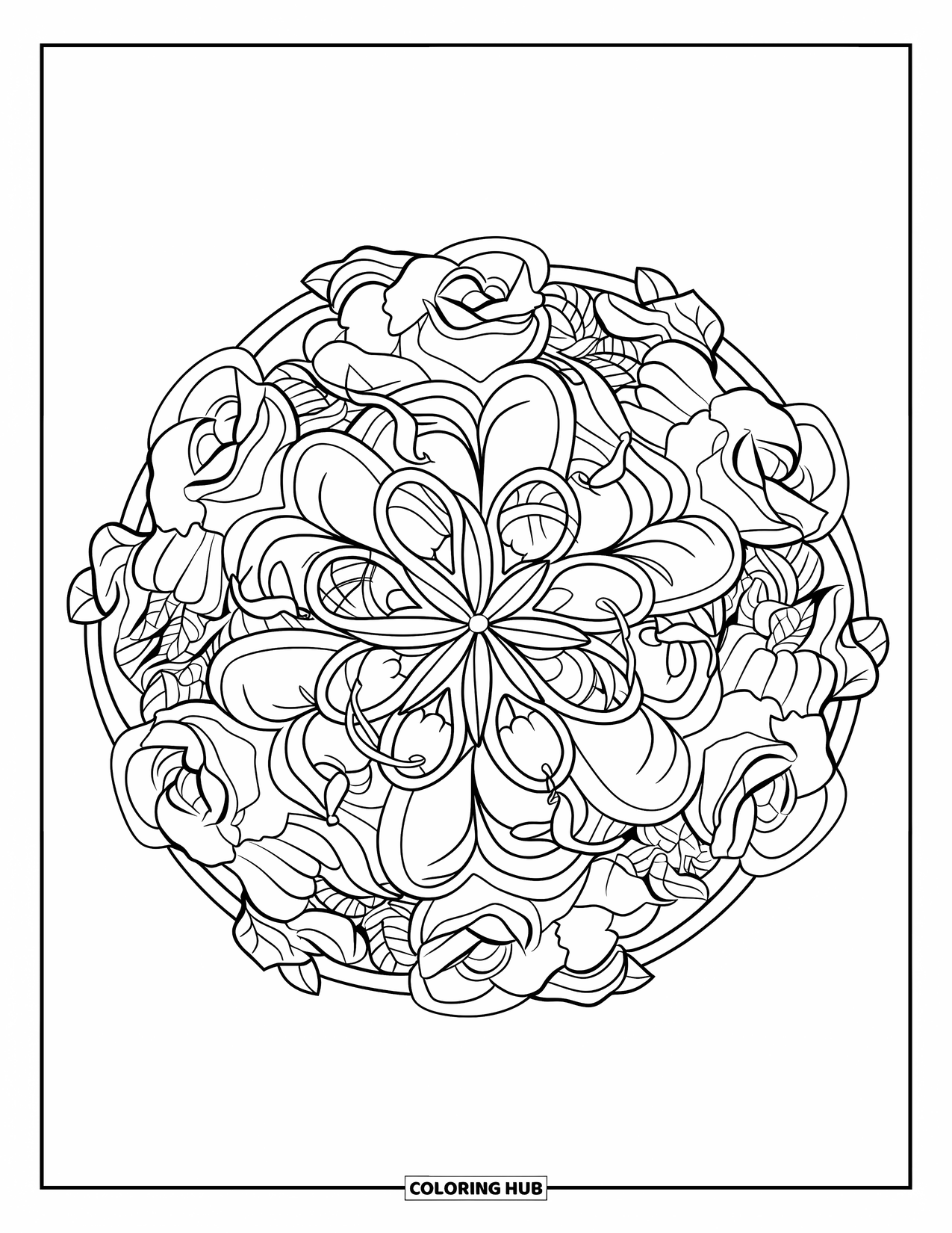 Kolorowanka Mandala dla dzieci: Kwiatowa mandala zbudowana z róż, pnączy i zakręconych, kolczastych wzorów