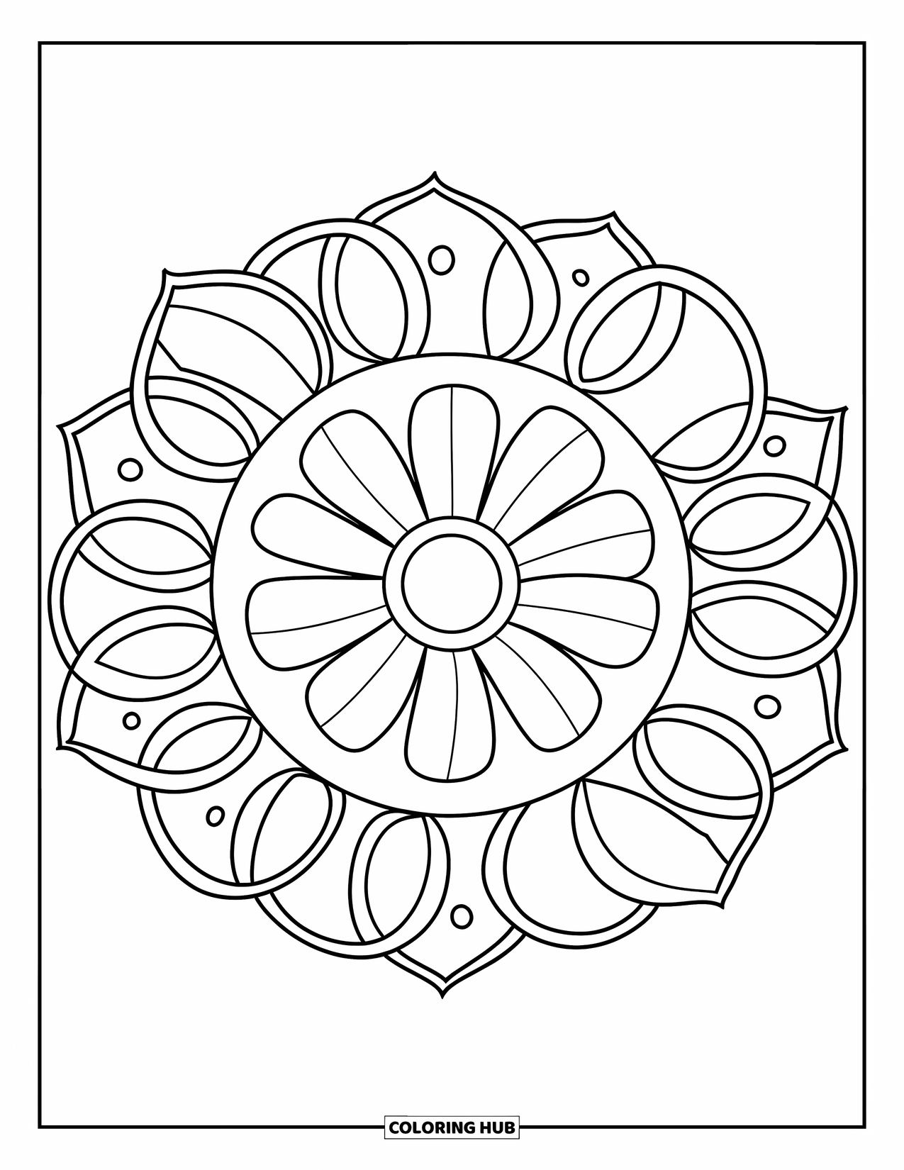 Kolorowanka Mandala dla dzieci: Kwiat z miękkimi, okrągłymi płatkami i warstwowymi liśćmi tworzącymi figlarną mandalę