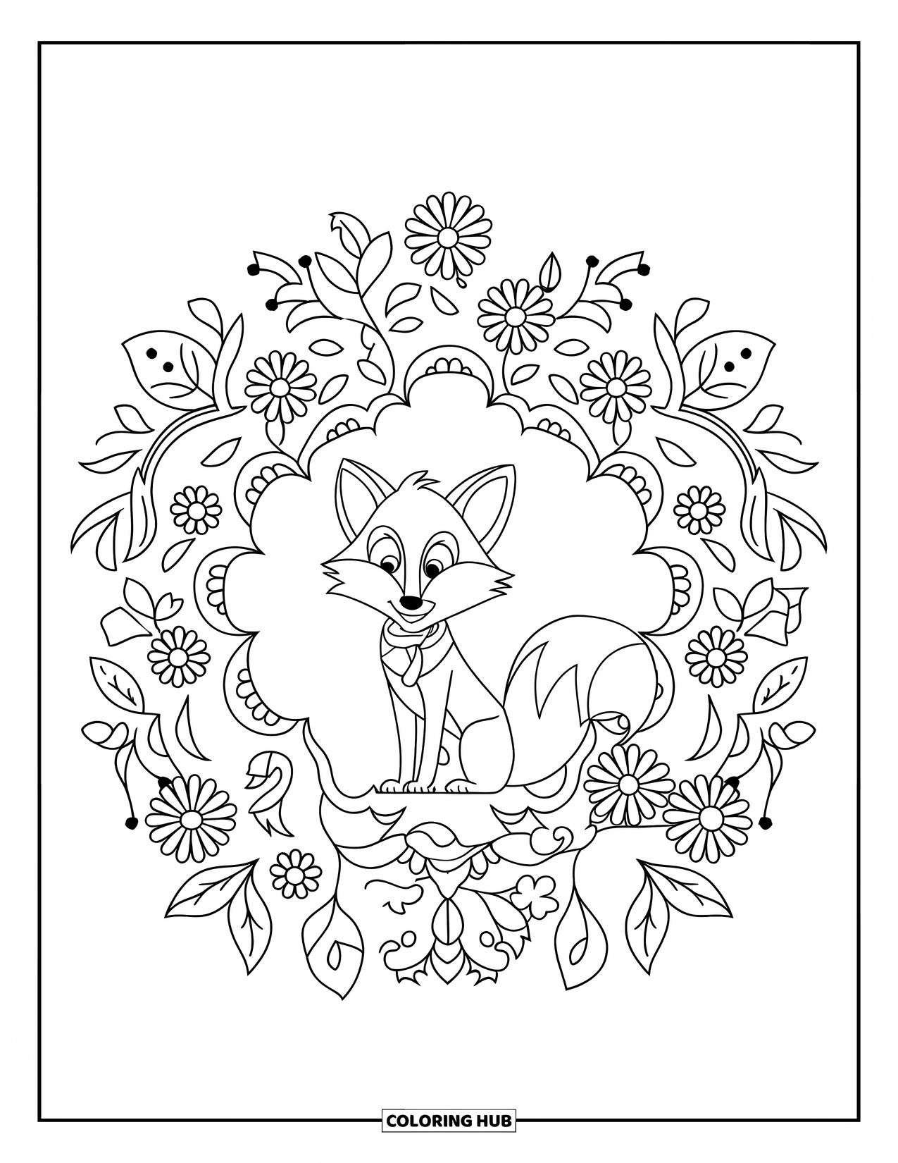 Kolorowanka Mandala dla dzieci: Lis w kamizelce i szaliku otoczony szczegółową, kwiatową mandalą