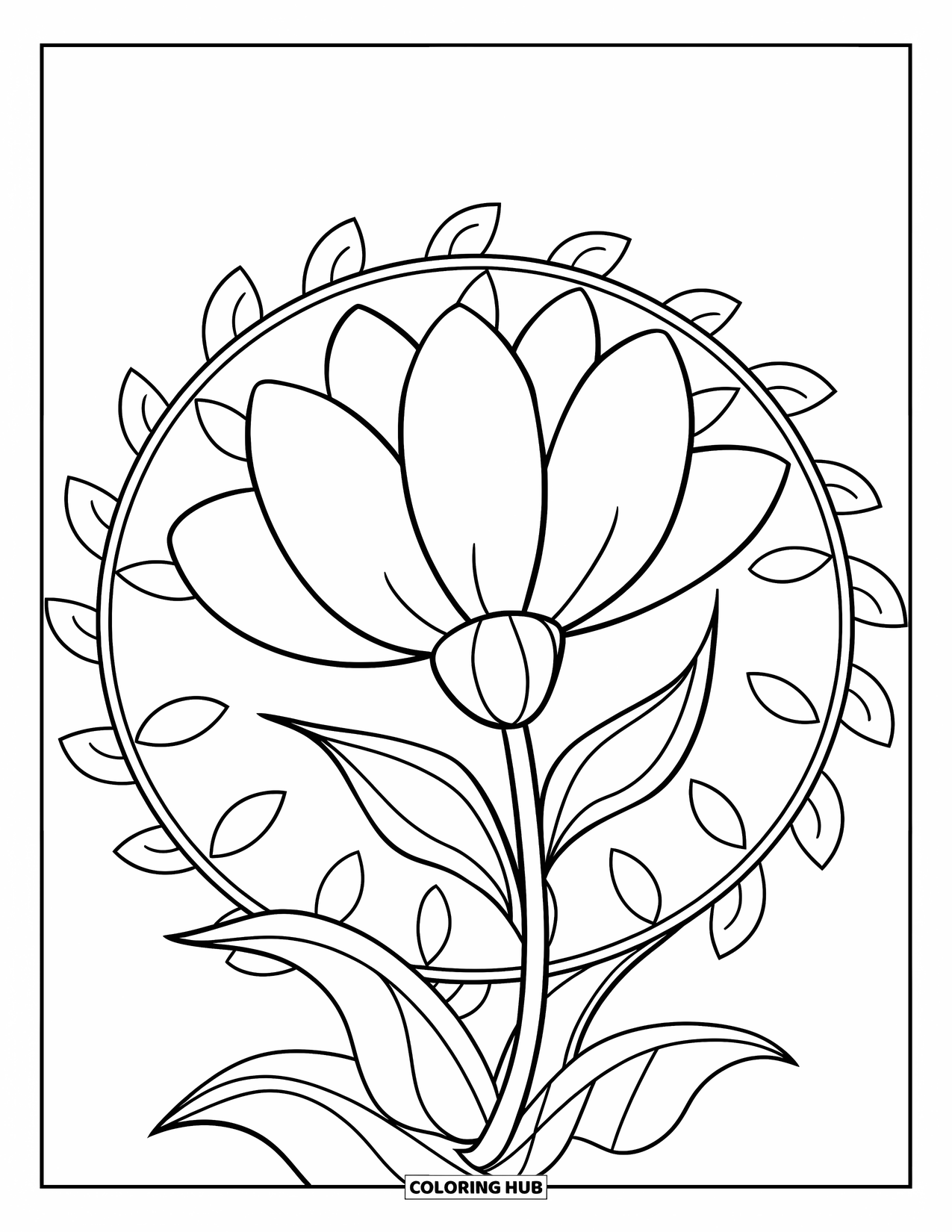 Kolorowanka Mandala dla dzieci: Gigantyczny kwiat z dużymi płatkami i mandalą w kształcie liścia wokół niego