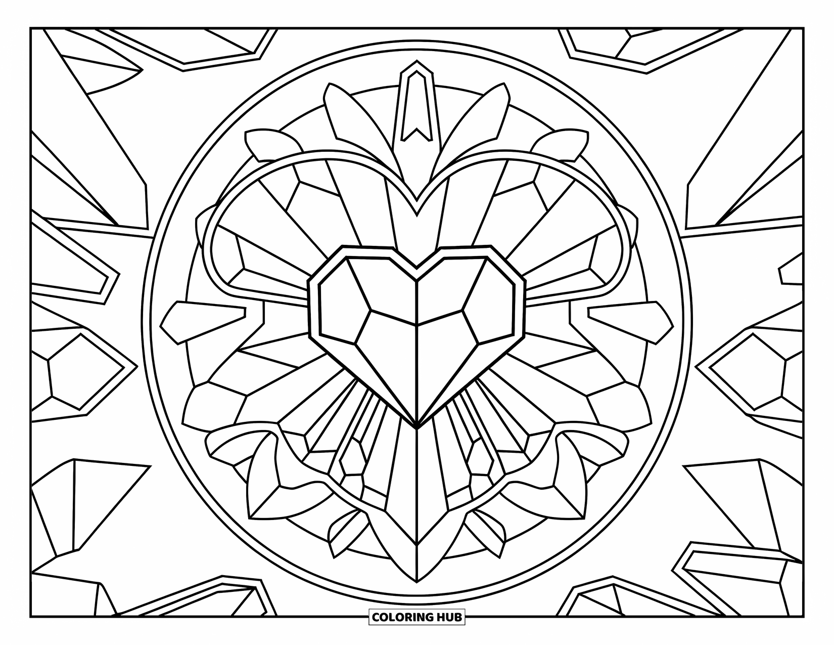Kolorowanka Mandala dla dzieci: Kryształ w kształcie serca z otaczającymi gwiazdami, płatkami i odłamkami w schludnym pierścieniu
