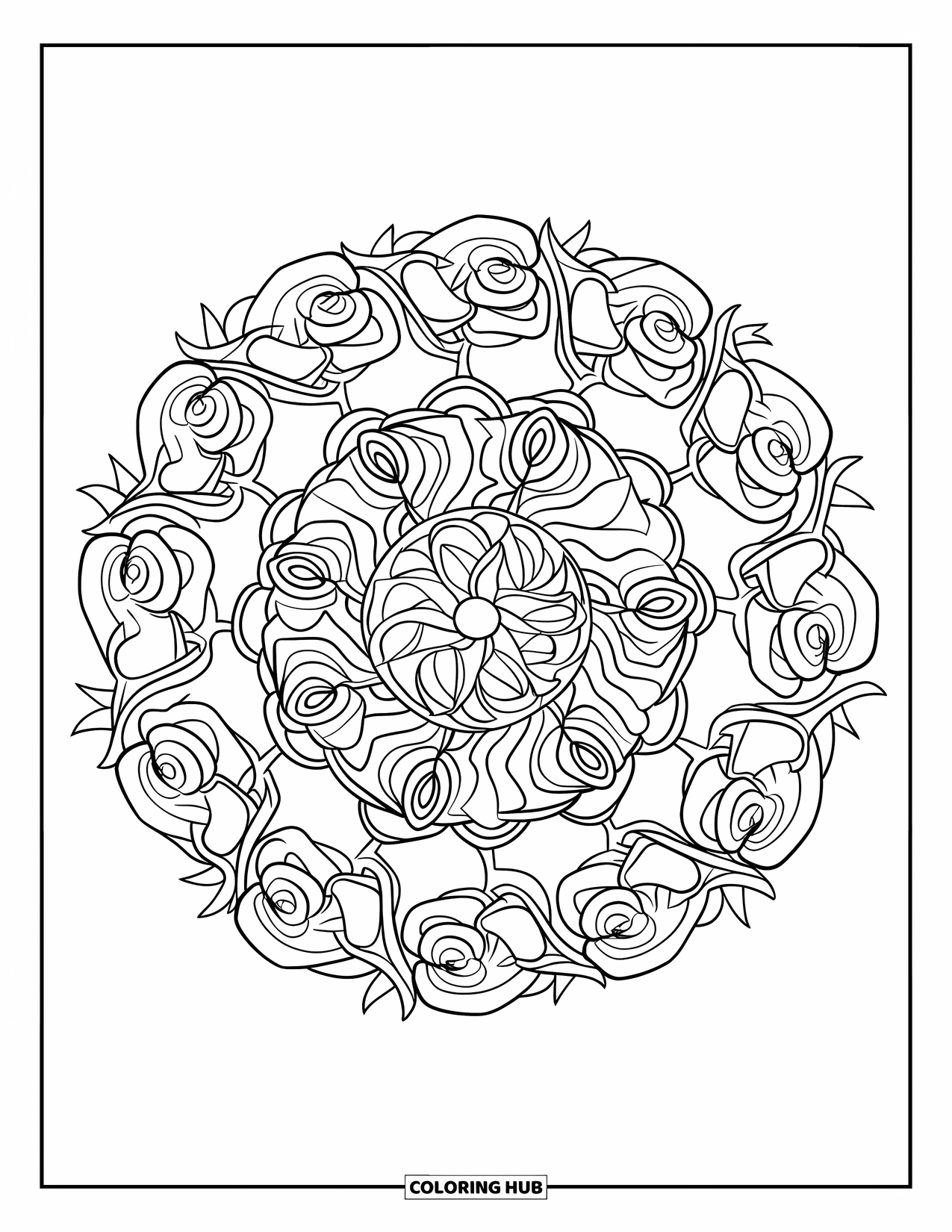 Kolorowanka Mandala dla dzieci: Warstwowe róże i ciernie ułożone w uroczą, okrągłą, kwiatową mandalę