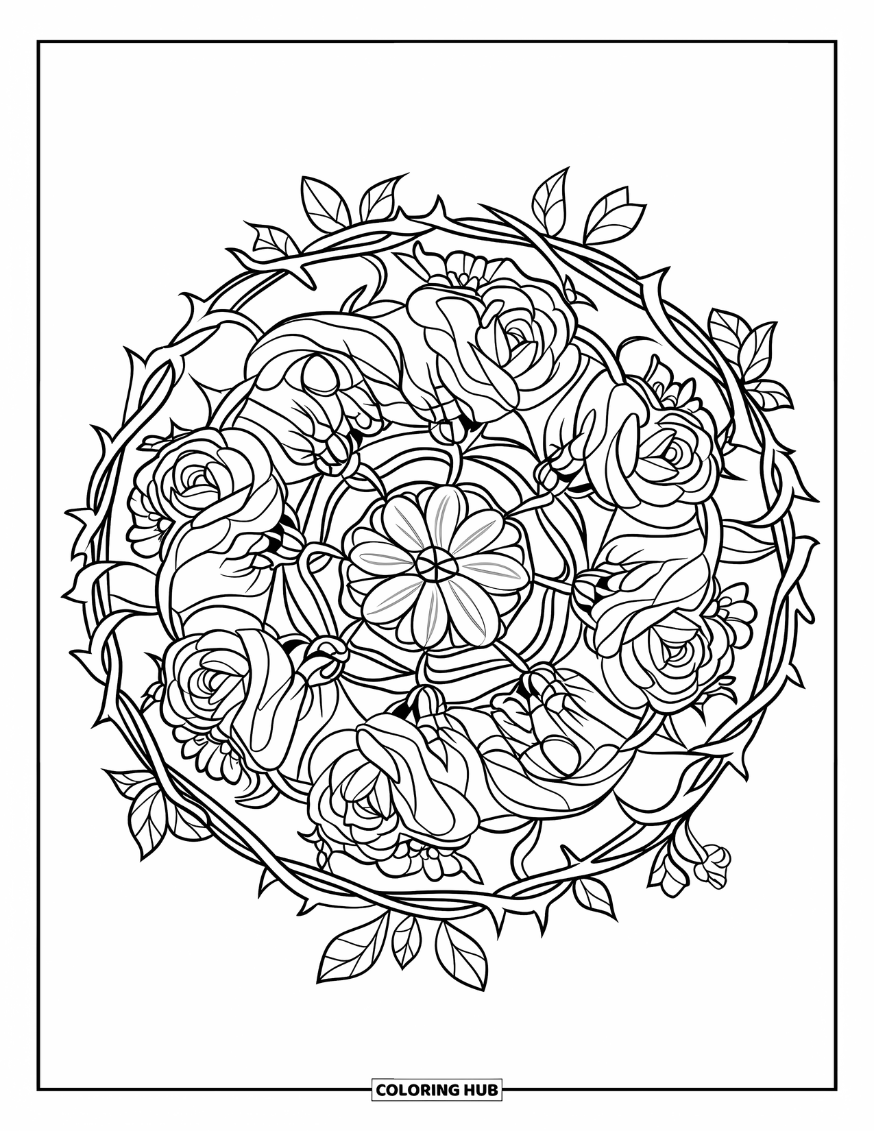 Kolorowanka Mandala dla dzieci: Mandala z róż i pnączy z warstwowymi płatkami i zakręconymi cierniami