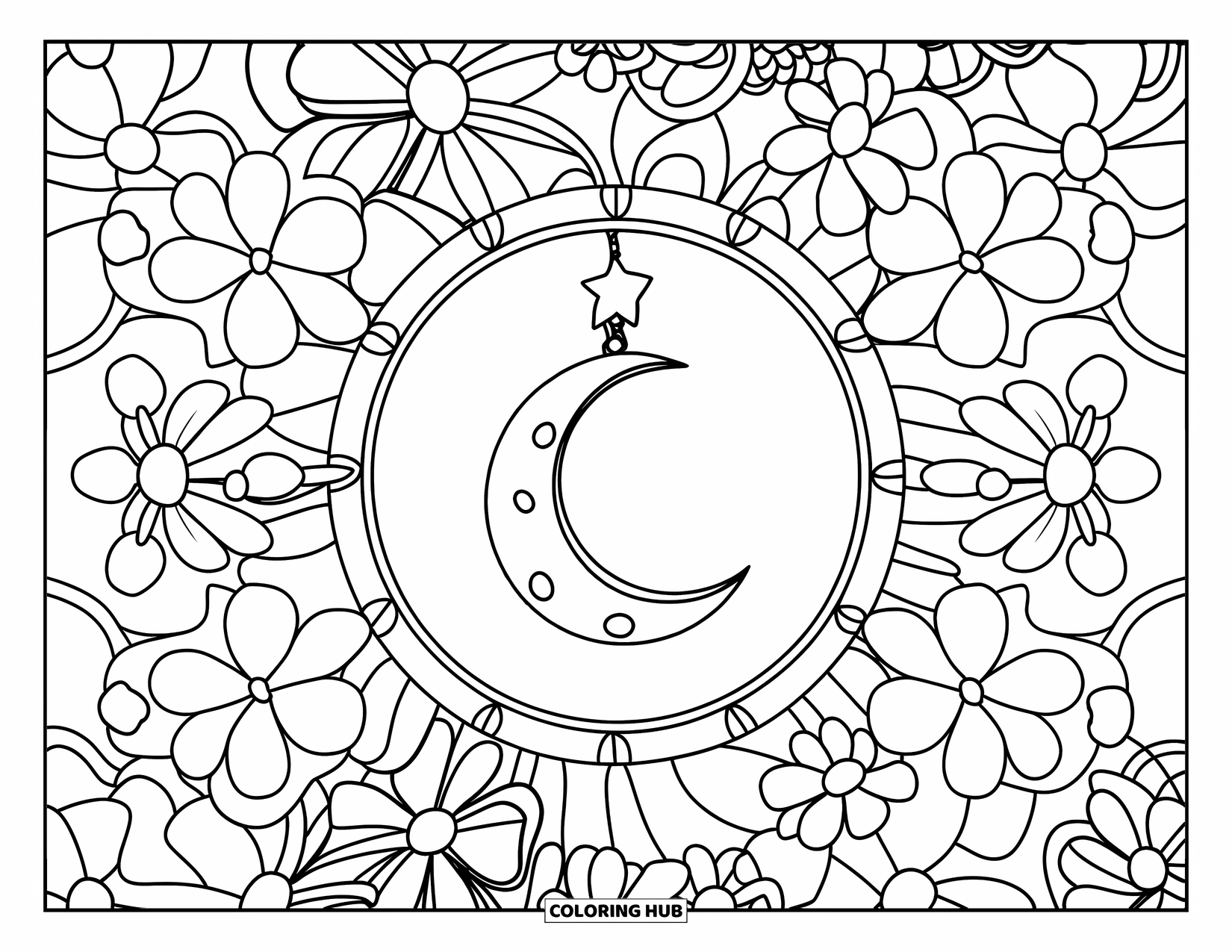 Kolorowanka Mandala dla dzieci: Księżyc i gwiazda w centrum z figlarnymi kwiatami tworzącymi radosną mandalę