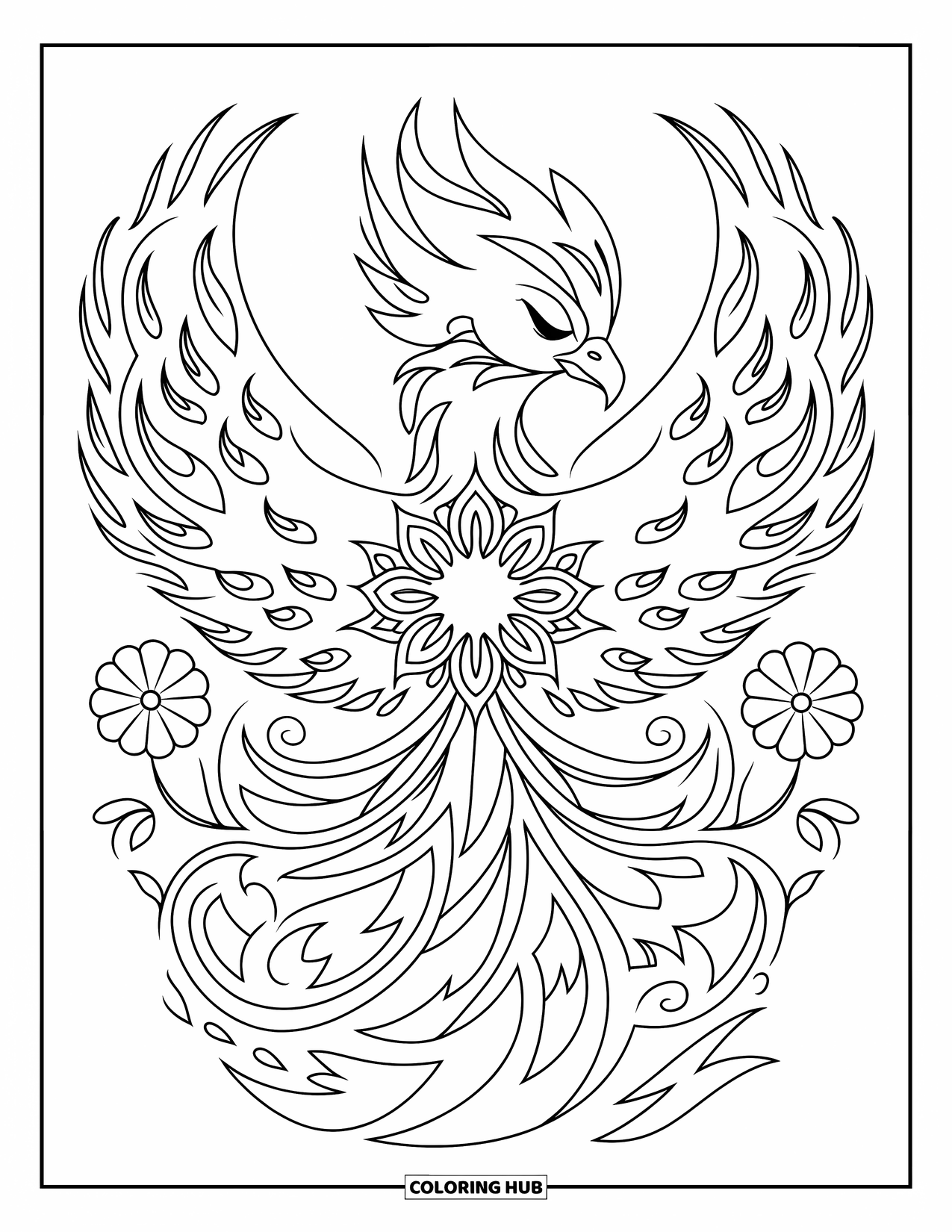 Kolorowanka Mandala dla dzieci: Spokojny feniks otoczony kwiatami i delikatnymi, wirującymi elementami ognia