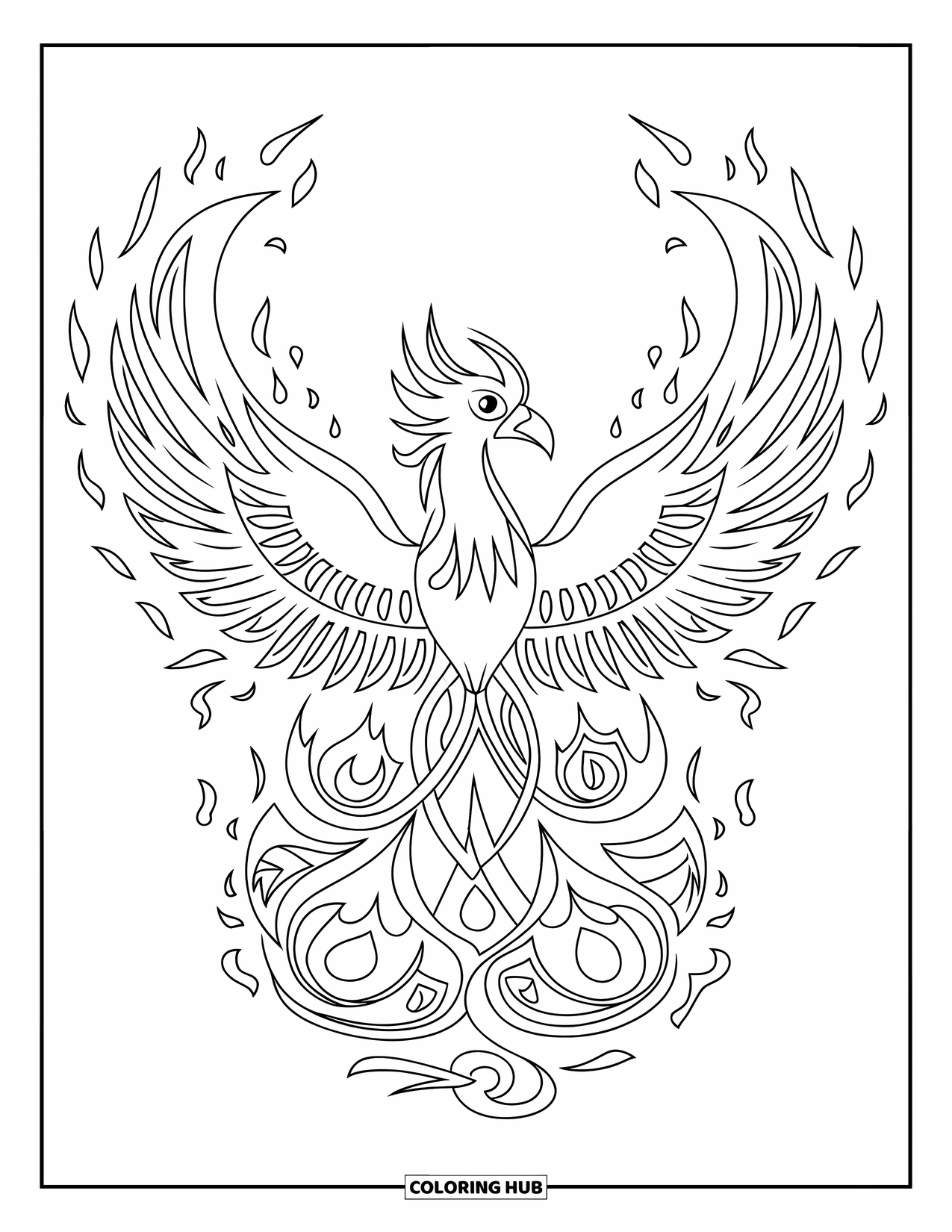 Kolorowanka Mandala dla dzieci: Feniks w centrum z wirującymi ogniami i piórami tworzącymi mocny okrąg
