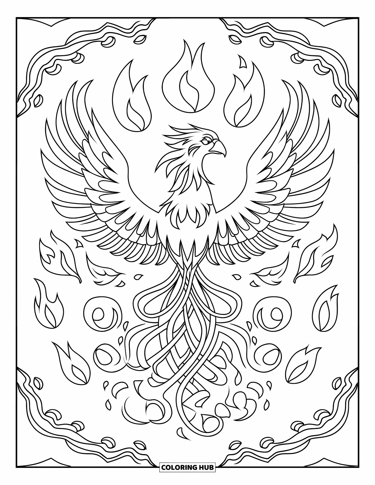 Kolorowanka Mandala dla dzieci: Feniks z rozpostartymi skrzydłami, otoczony płomieniami i wirującymi lokami ognia