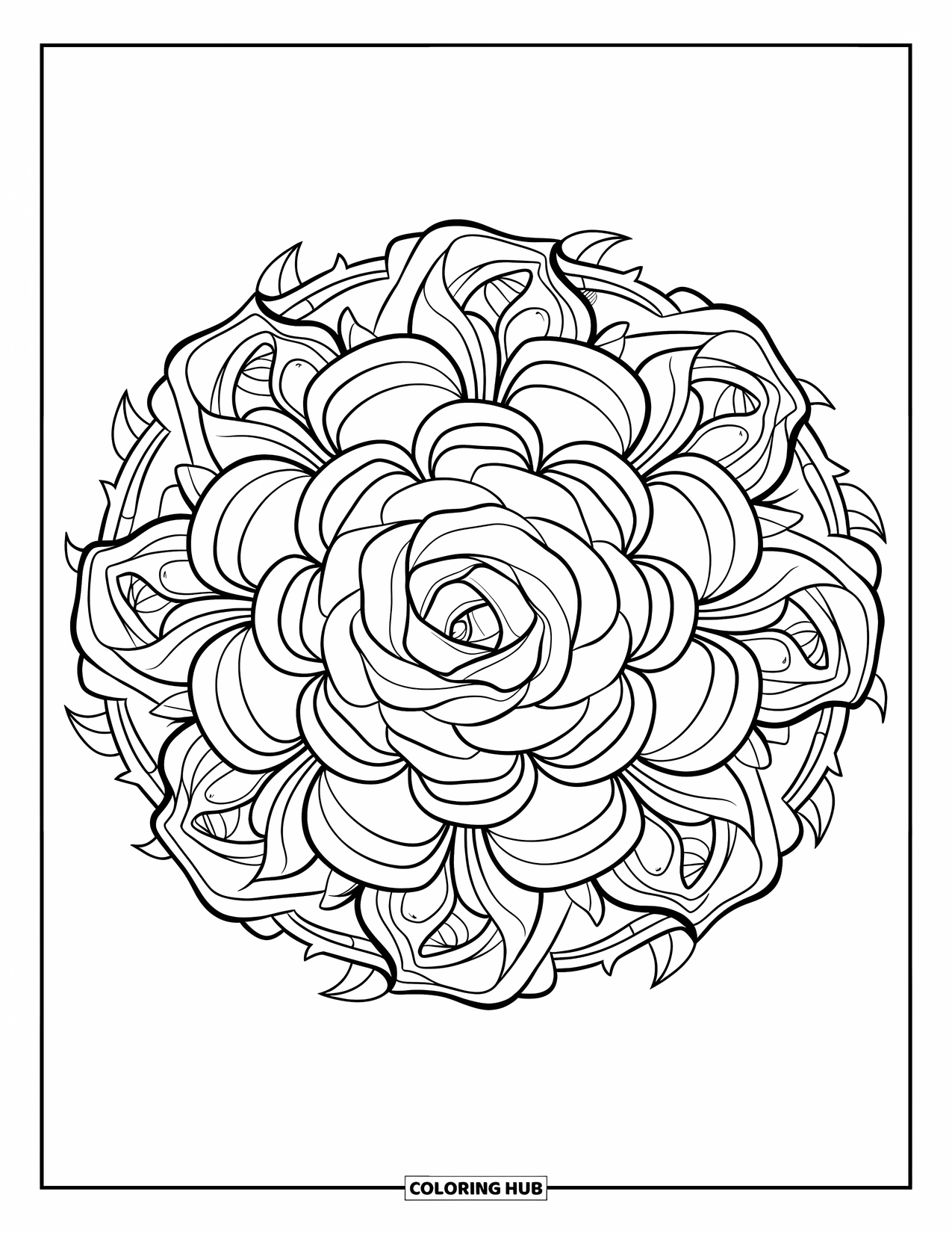 Kolorowanka Mandala dla dzieci: Róże, pnącza i ciernie tworzą piękną, okrągłą mandalę w centrum