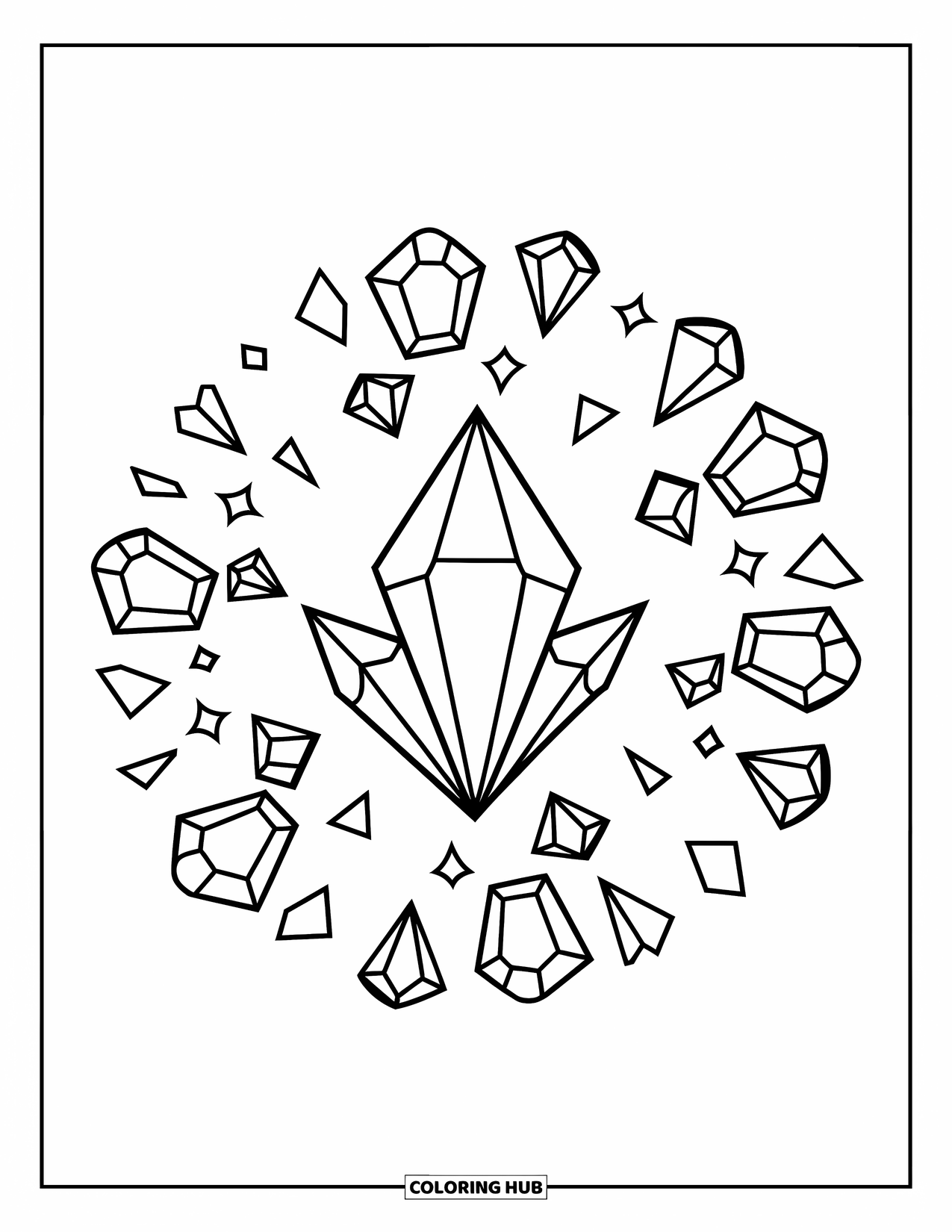 Kolorowanka Mandala dla dzieci: Błyszczący kryształ w centrum z wirującymi kształtami iskier i trójkątnymi cięciami