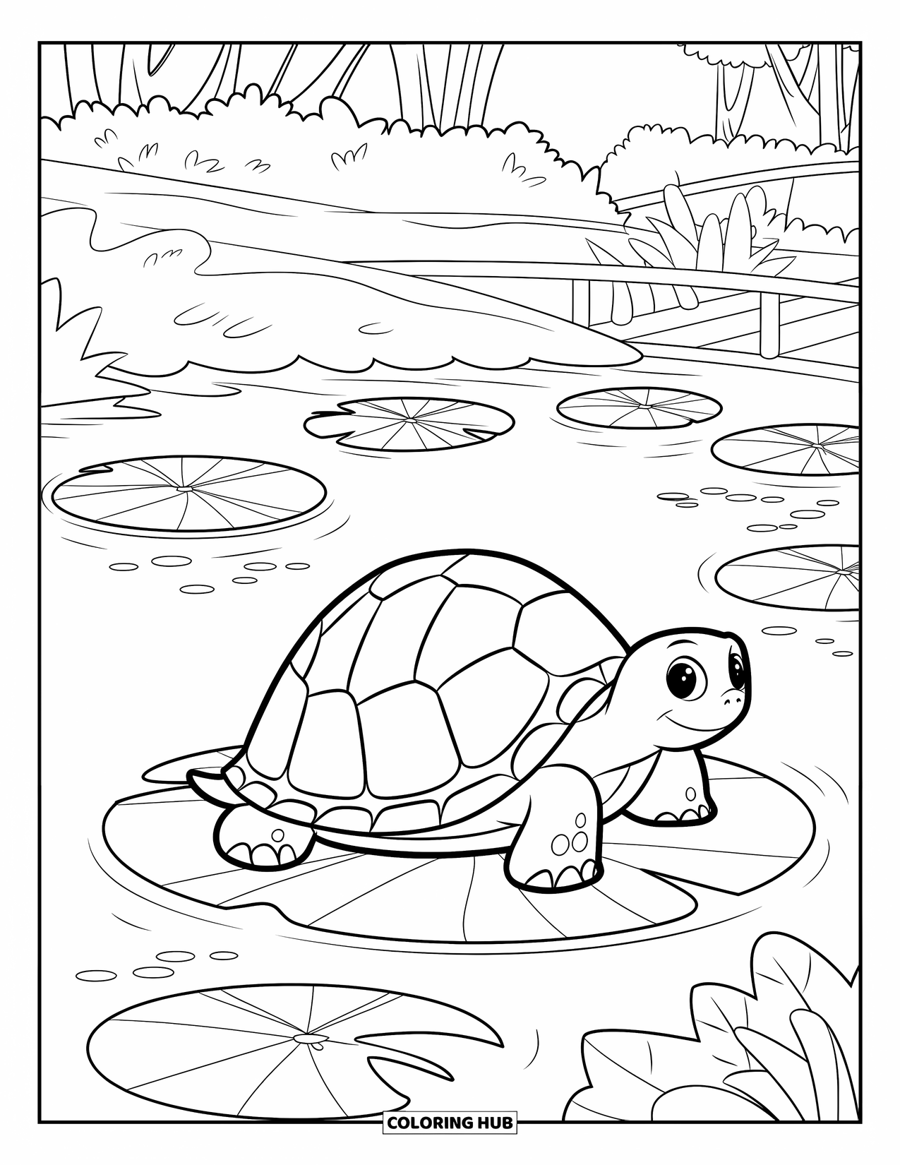 Kolorowanka Mandala dla dzieci: Żółw na lilii wodnej w zielonym stawie z drzewami i mostem