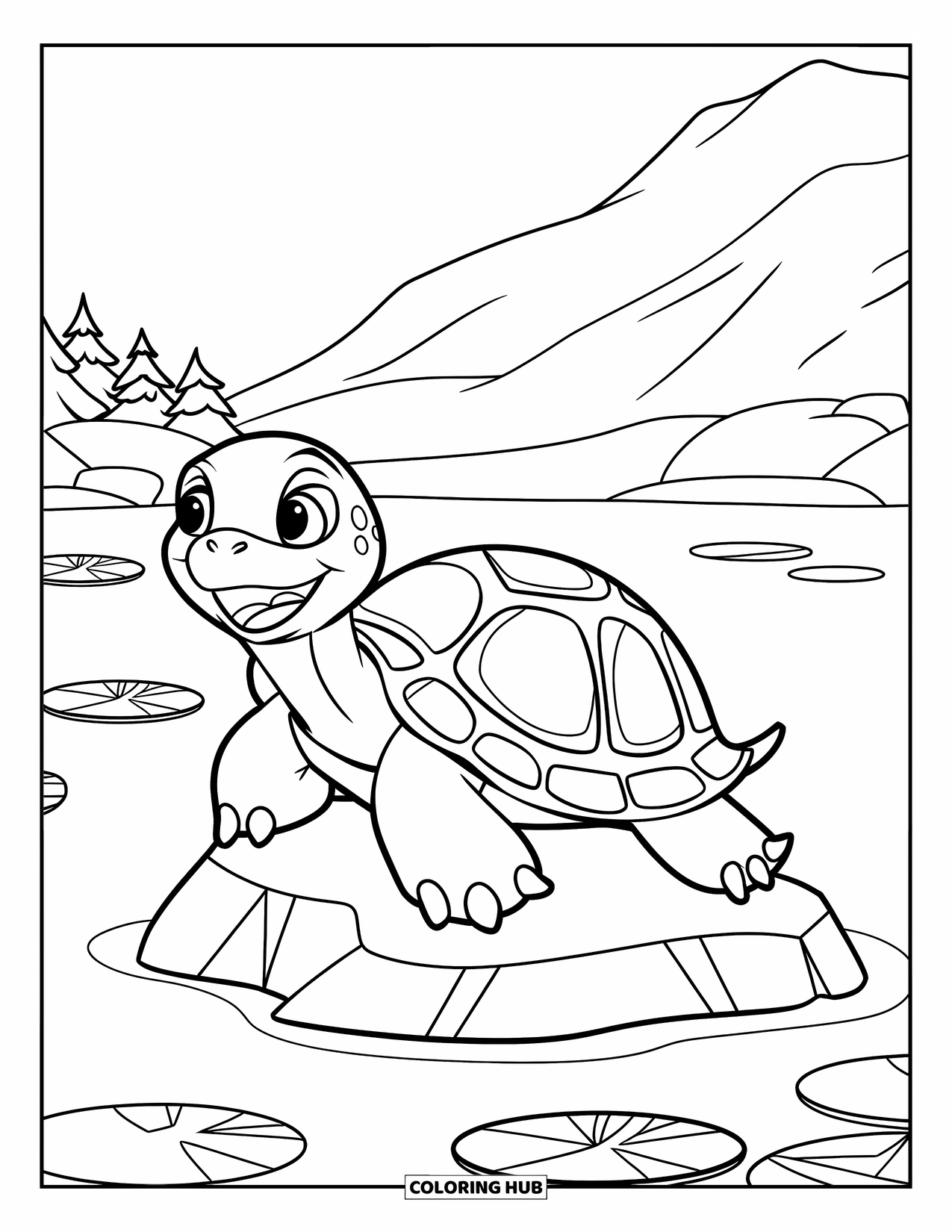 Kolorowanka Mandala dla dzieci: Żółw na skale z liliami wodnymi i górami w spokojnym jeziorze