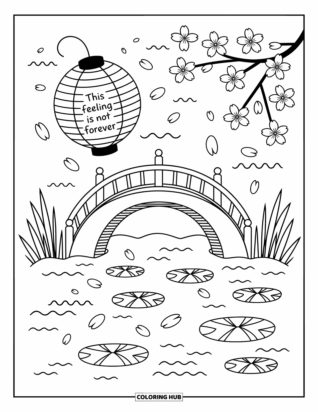 Mental Health Coloring Page for Adults: Bridge over a koi pond with a lantern saying "This feeling is not forever