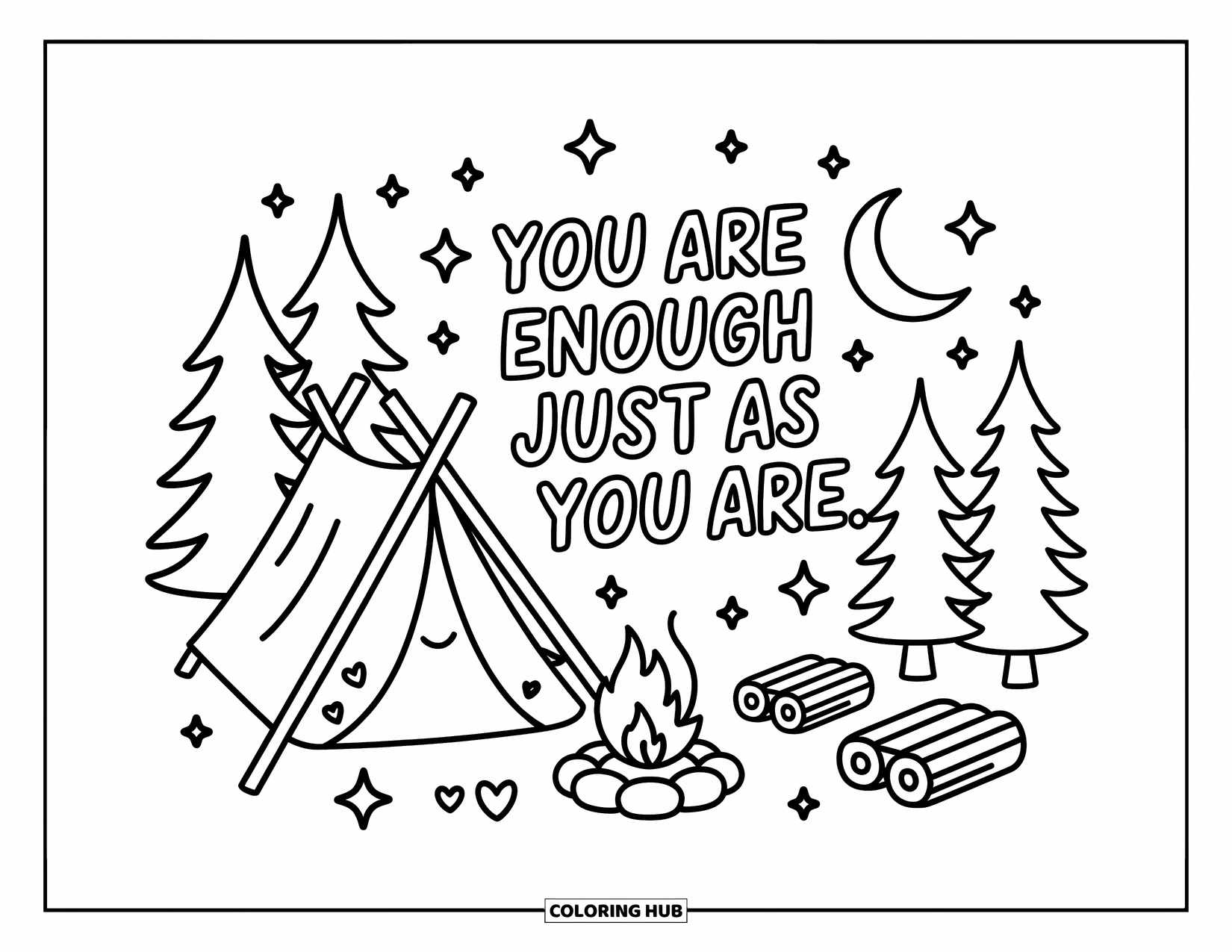 Mental Health Coloring Page for Adults: Campfire under the stars shares the message "You are enough