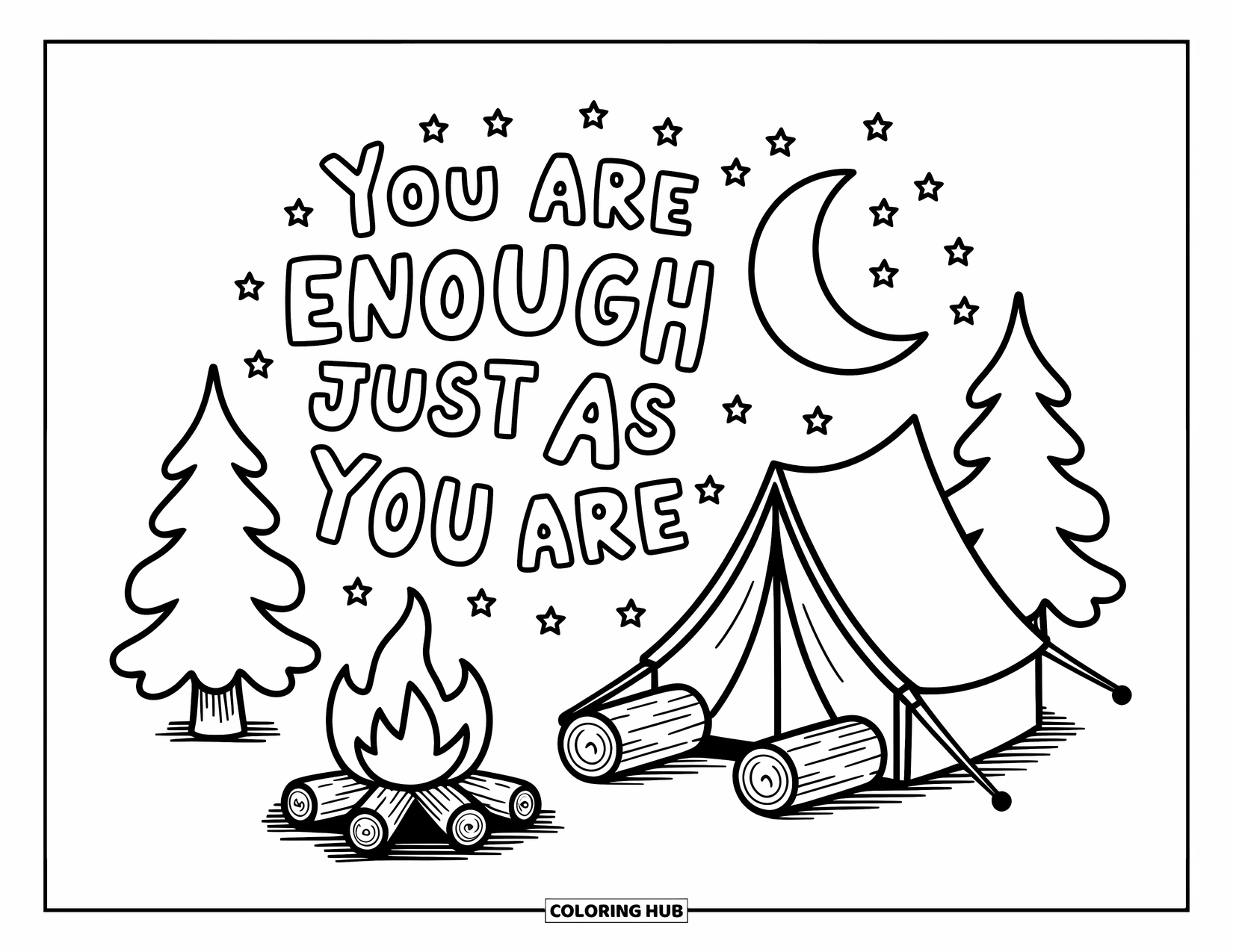 Mental Health Coloring Page for Adults: Campsite coziness and stars above a gentle self-worth reminder