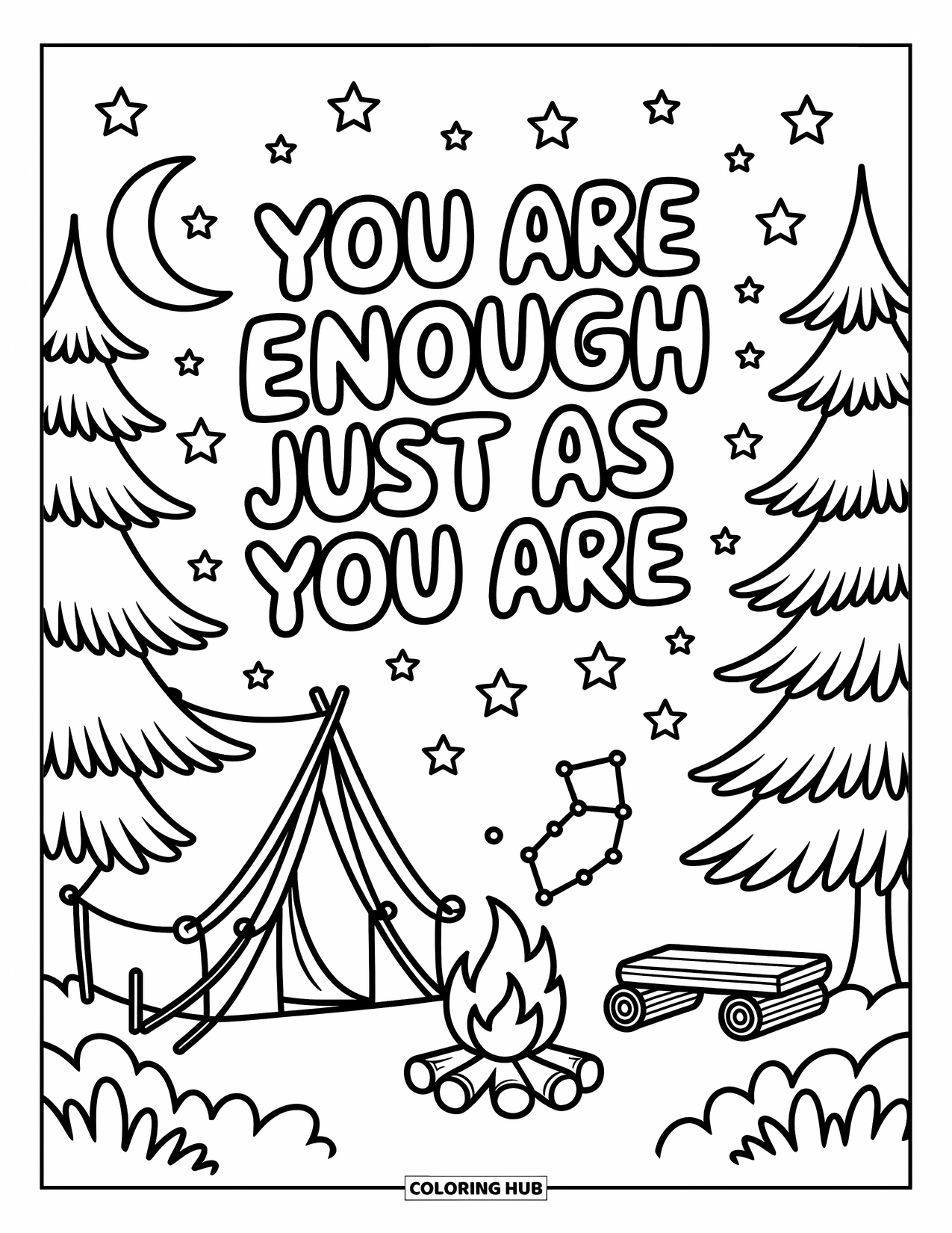 Mental Health Coloring Page for Adults: Cozy forest camp scene with the moon reminding you that you are enough