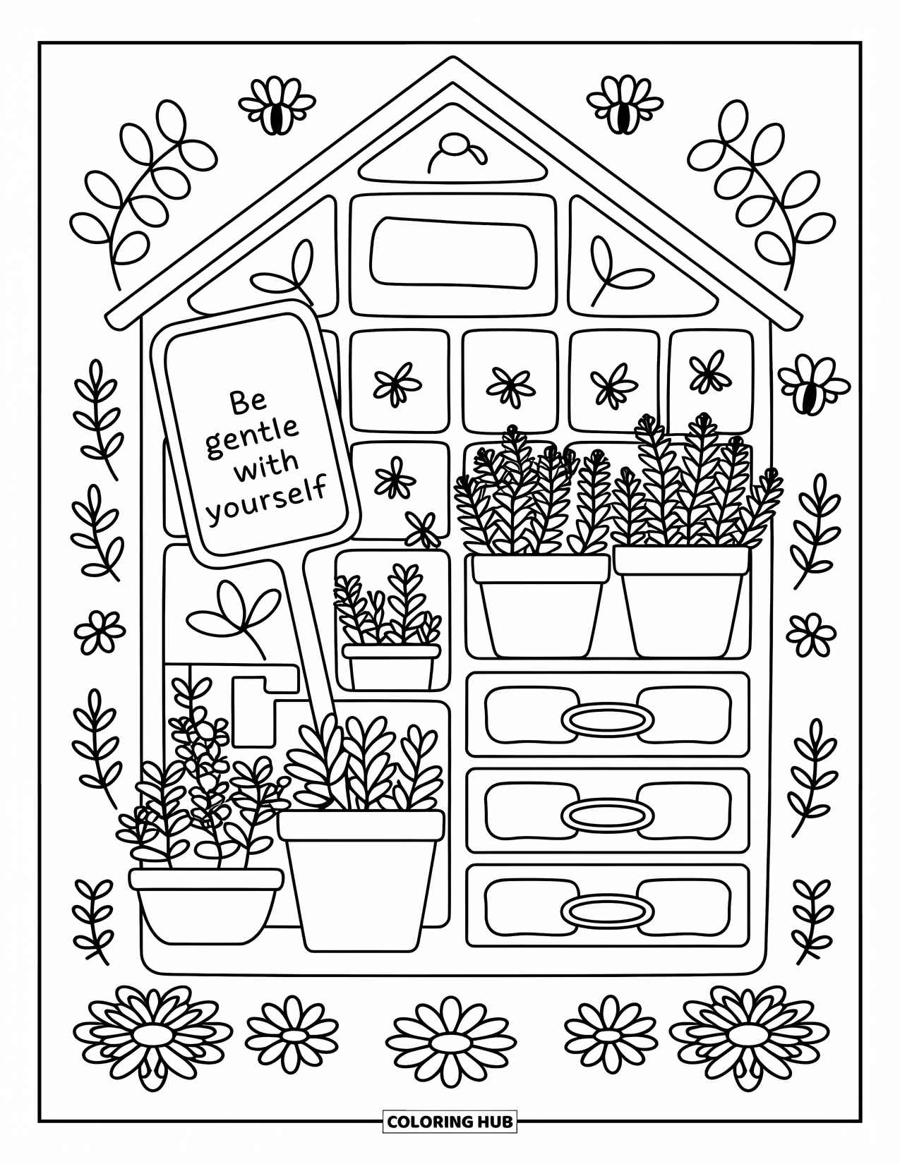Mental Health Coloring Page for Adults: Cozy plant-filled greenhouse with a message of gentleness