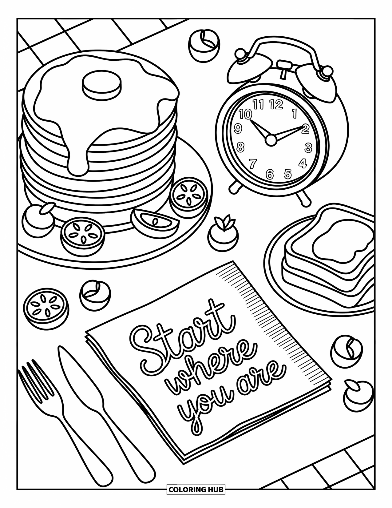 Mental Health Coloring Page for Adults: Cute morning meal and napkin reminding you to begin gently