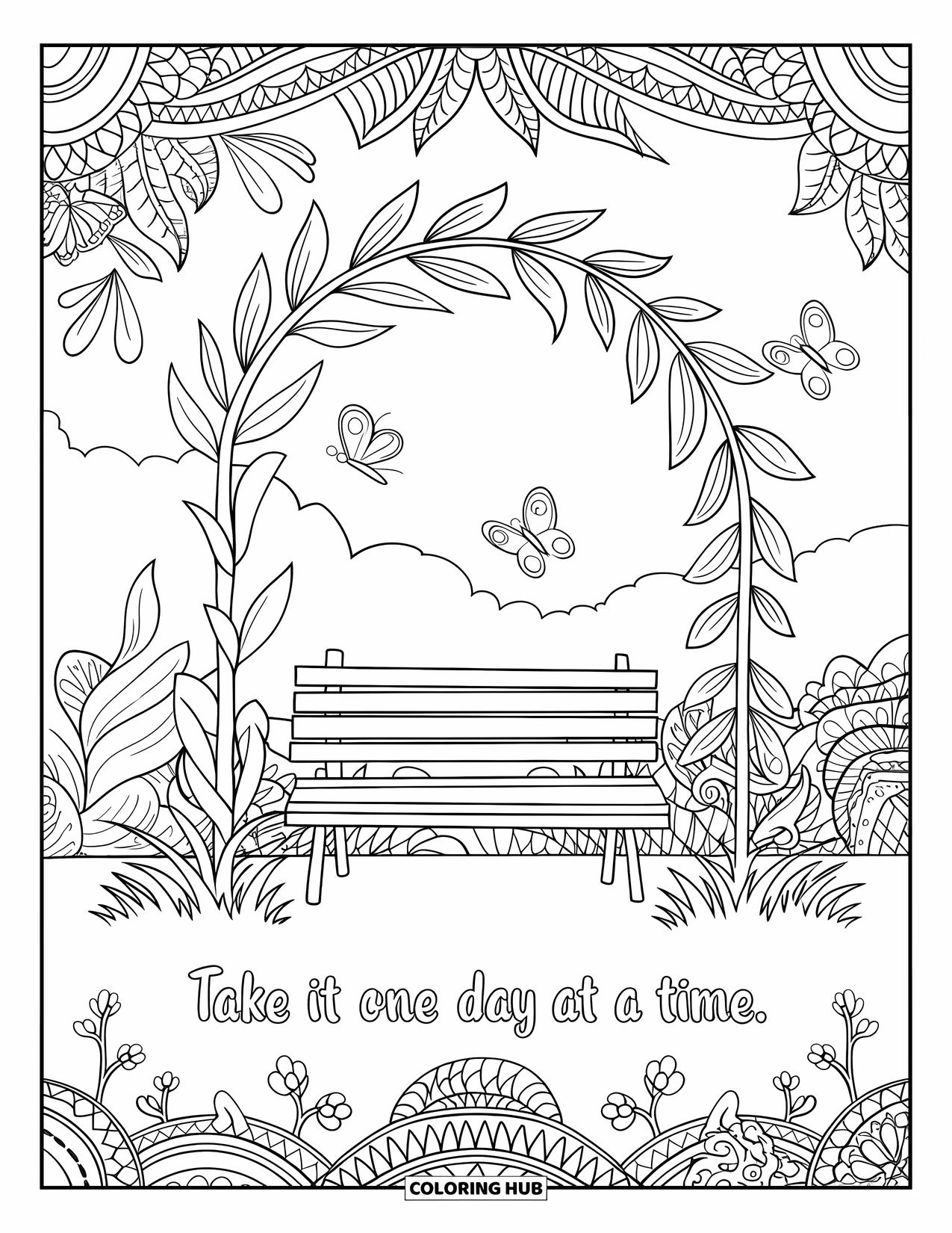 Mental Health Coloring Page for Adults: Floating butterflies and a gentle bench say "Take It One Day at a Time