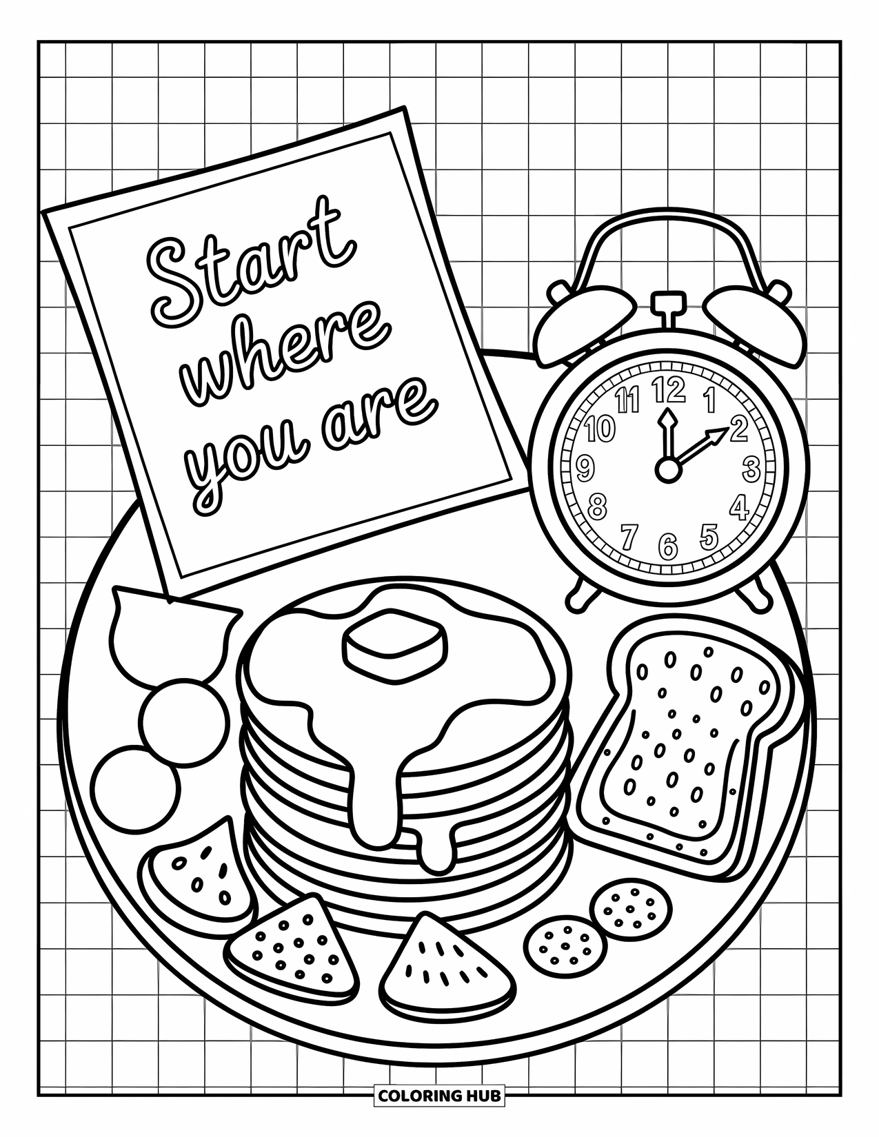 Mental Health Coloring Page for Adults: Fluffy pancakes and toast with a napkin that reads "Start where you are