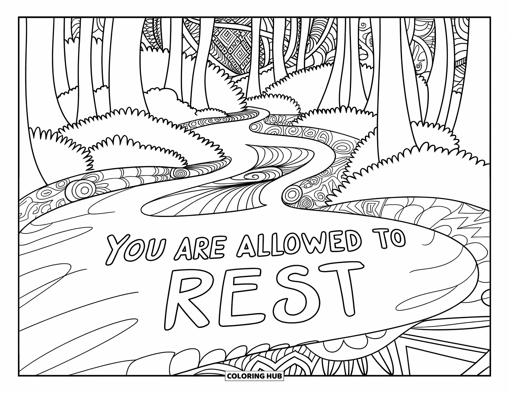Mental Health Coloring Page for Adults: Forest trail winds gently with a message that says "You Are Allowed to Rest