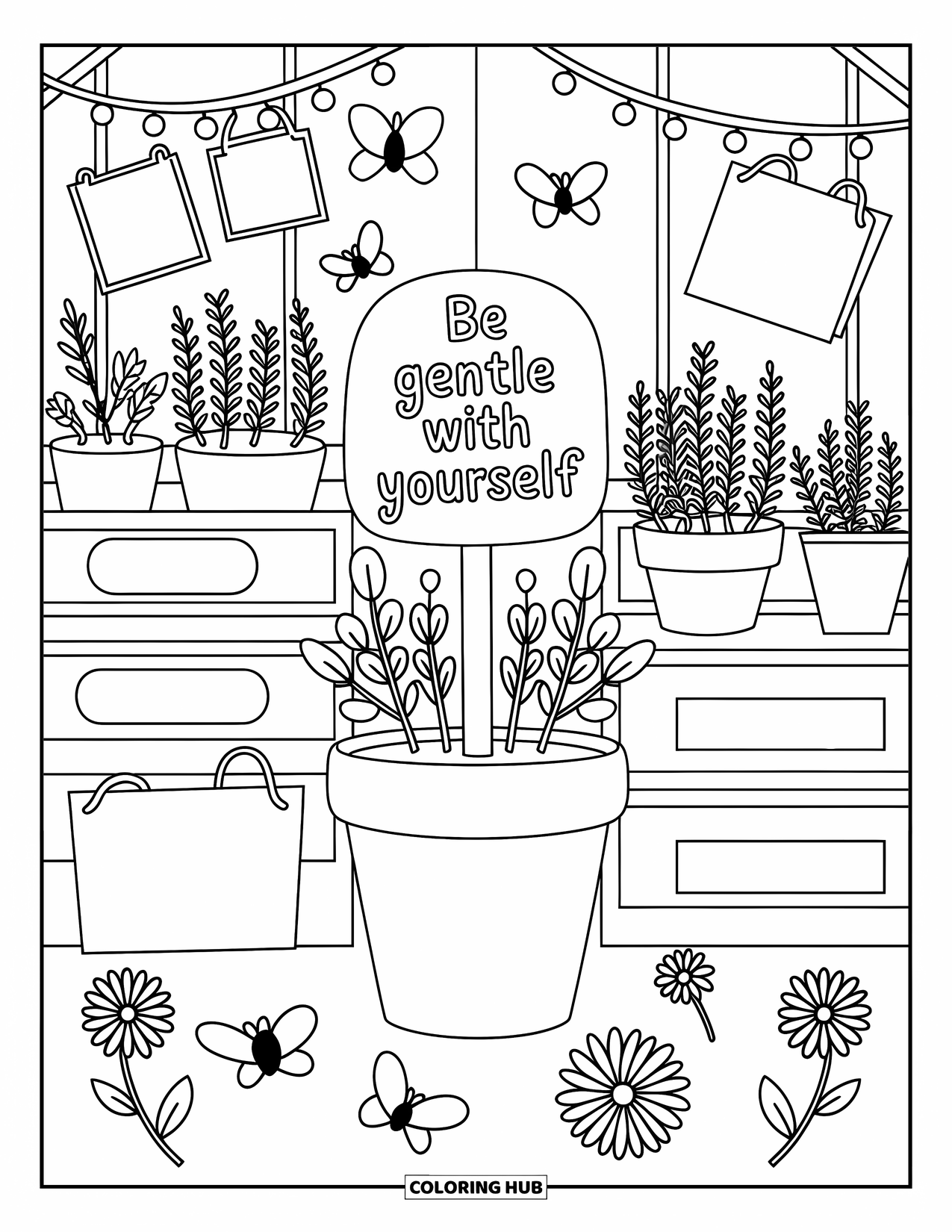 Mental Health Coloring Page for Adults: Greenhouse with herbs, bees, and a marker that says "Be gentle with yourself