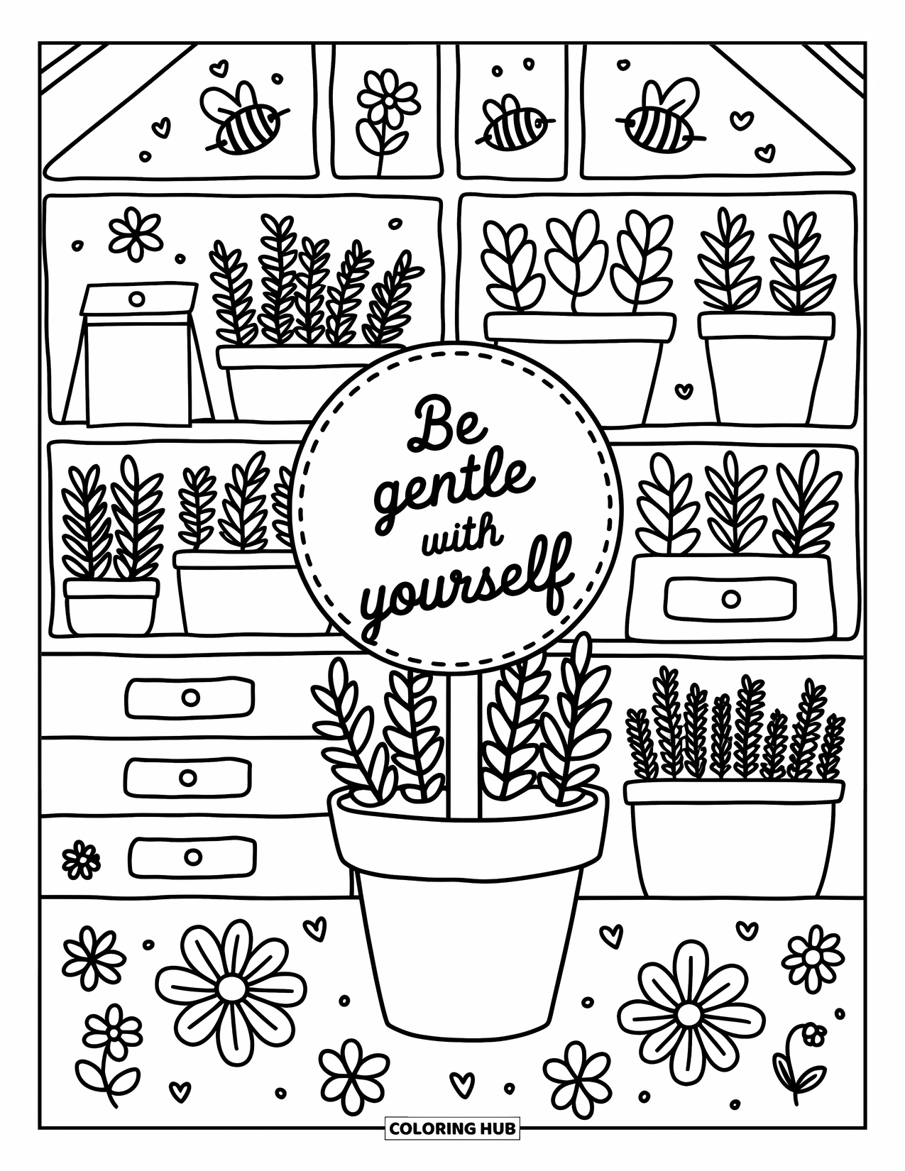 Mental Health Coloring Page for Adults: Herbs and seed packets in a greenhouse with a kind reminder