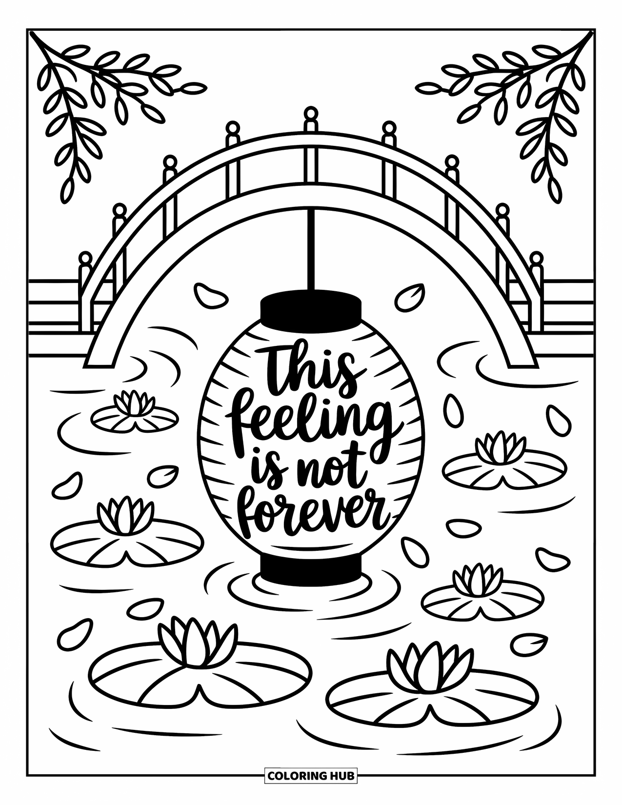 Mental Health Coloring Page for Adults: Koi pond with cherry blossoms and a lantern offering calming words