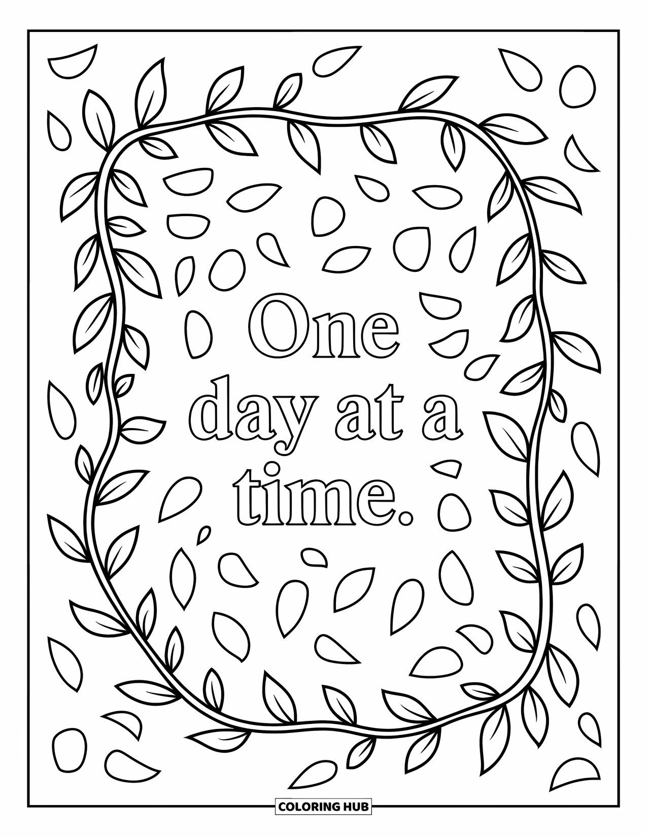 Mental Health Coloring Page for Adults: Leafy border and petals frame the words "One Day at a Time