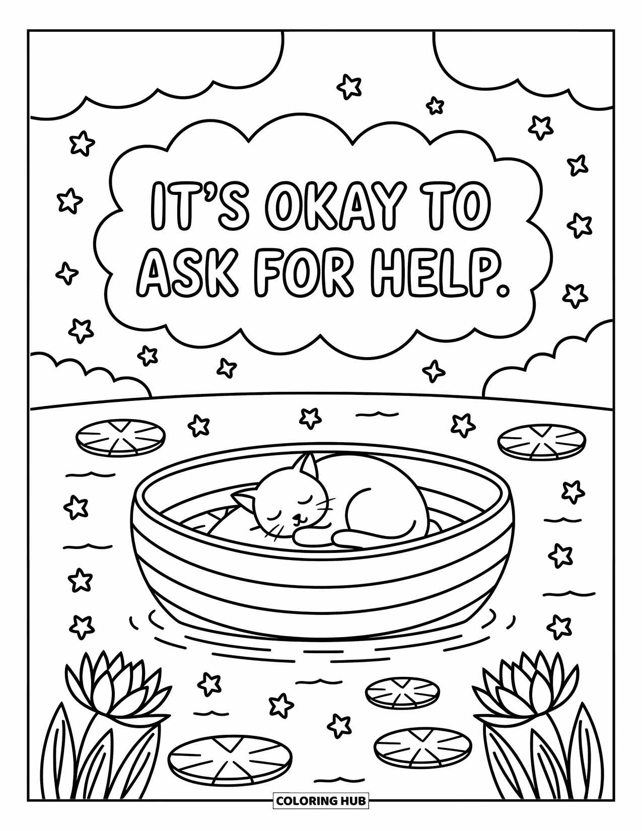 Mental Health Coloring Page for Adults: Peaceful lake boat scene with a cat and a comforting message