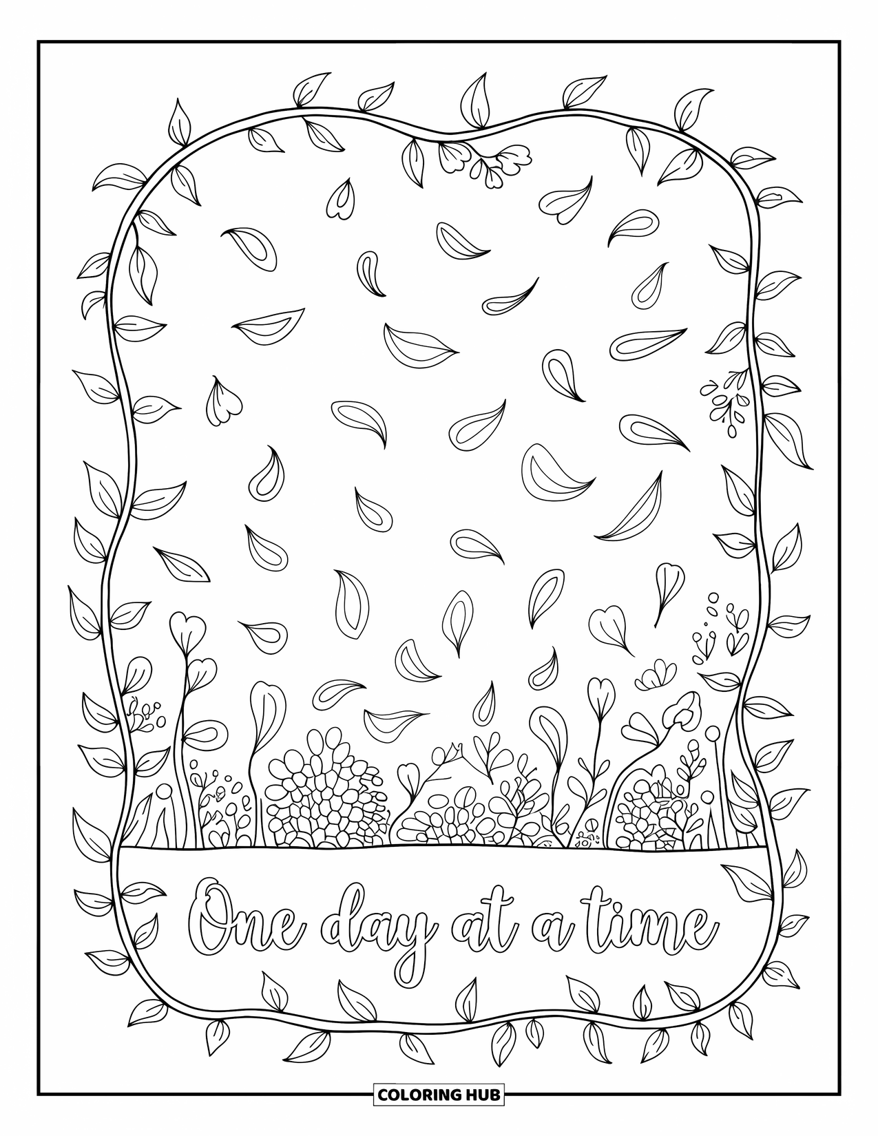 Mental Health Coloring Page for Adults: Petal-filled border gently reminds you, "One Day at a Time