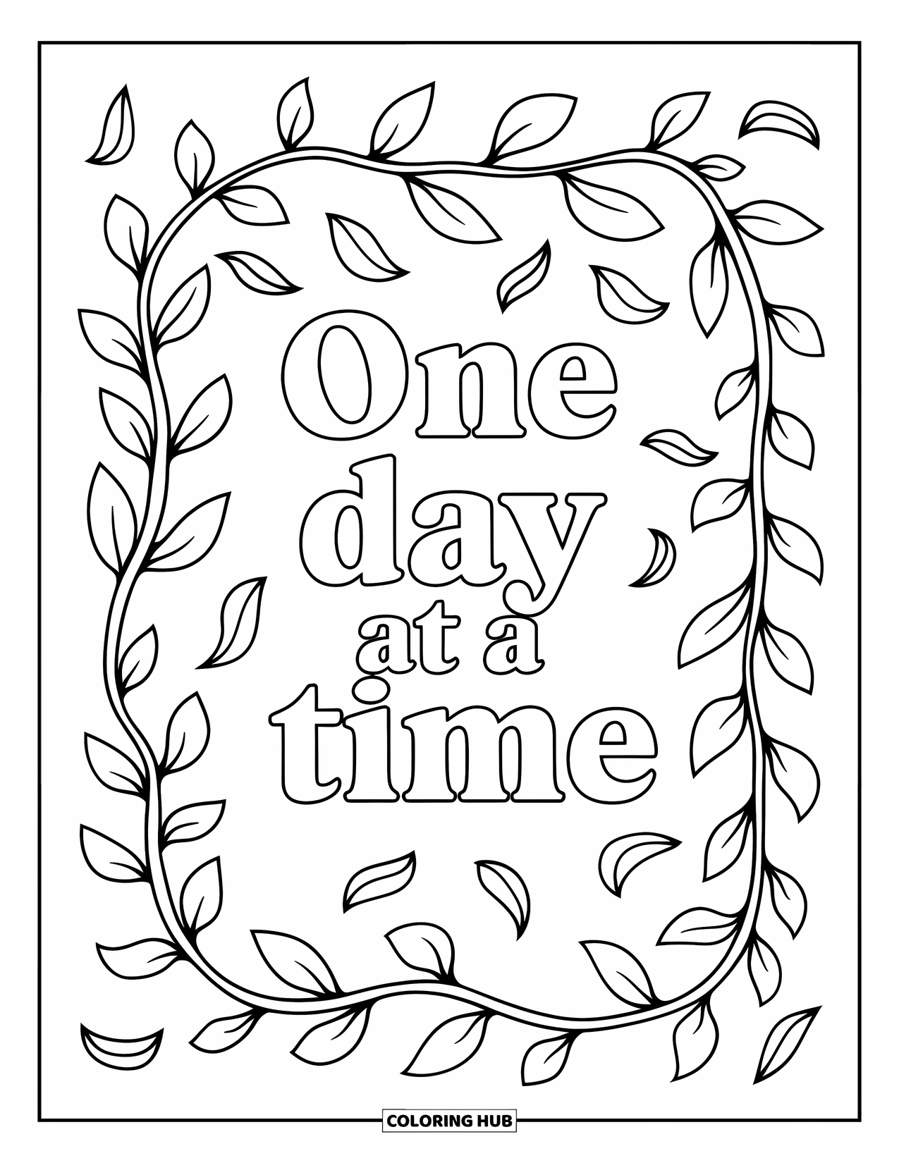 Mental Health Coloring Page for Adults: Soft vine border and petals carry the message "One Day at a Time