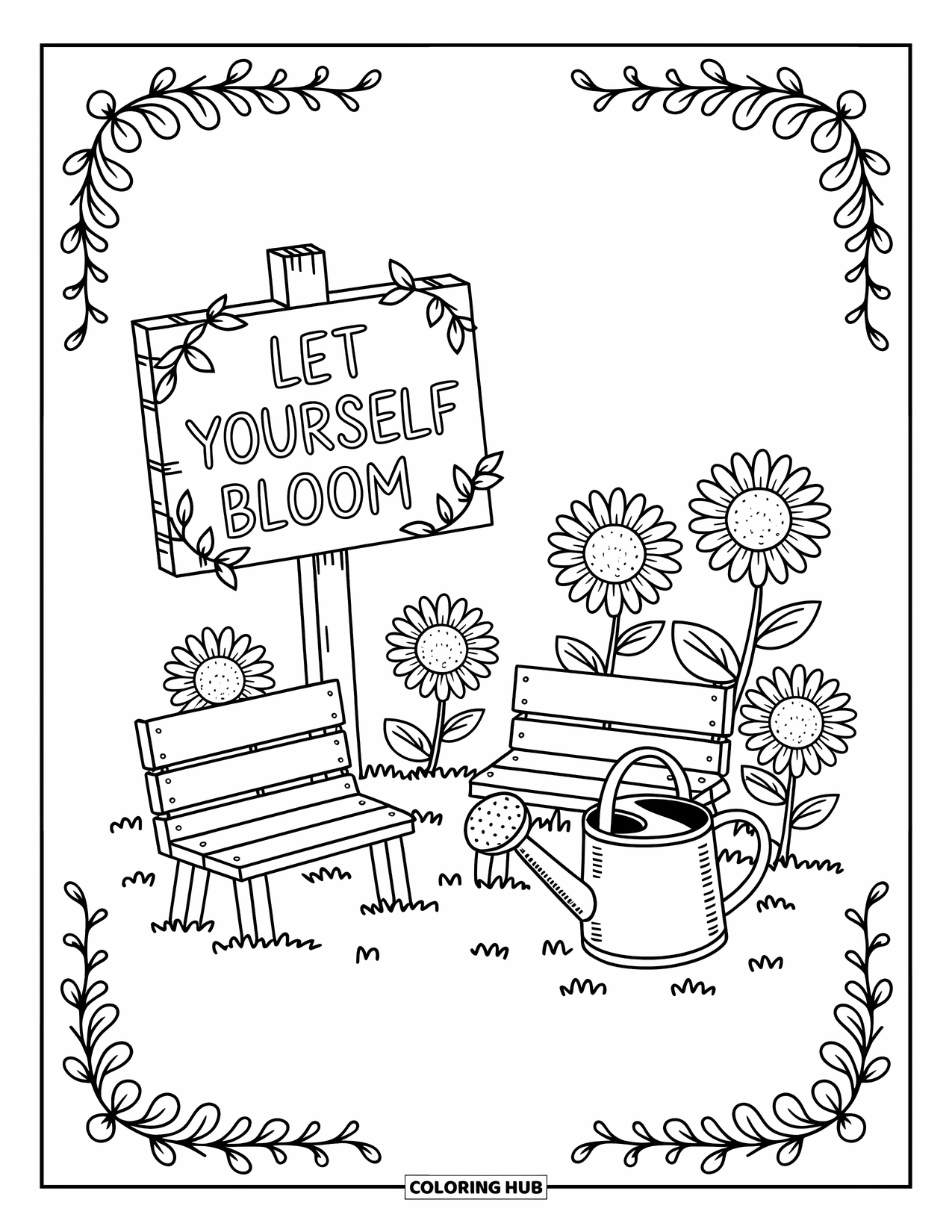 Mental Health Coloring Page for Adults: Tiny garden nook with a sign that gently says "Let yourself bloom