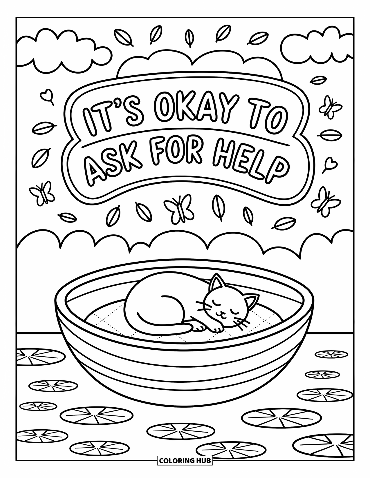 Mental Health Coloring Page for Adults: Tranquil boat with butterflies and the words "Its okay to ask for help