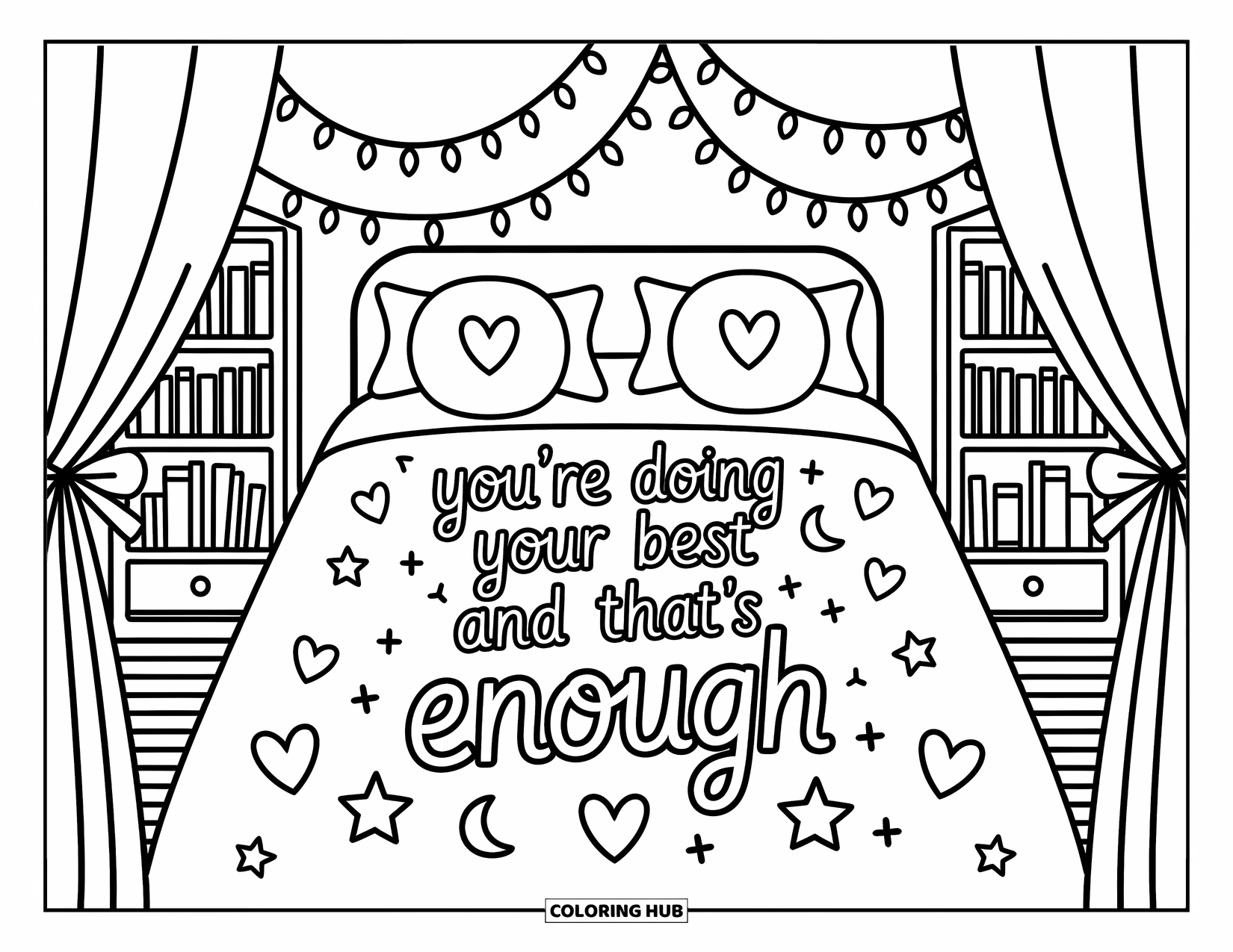 Mental Health Coloring Page for Adults: Whimsical bedroom with heart garlands and a reminder to be kind to yourself