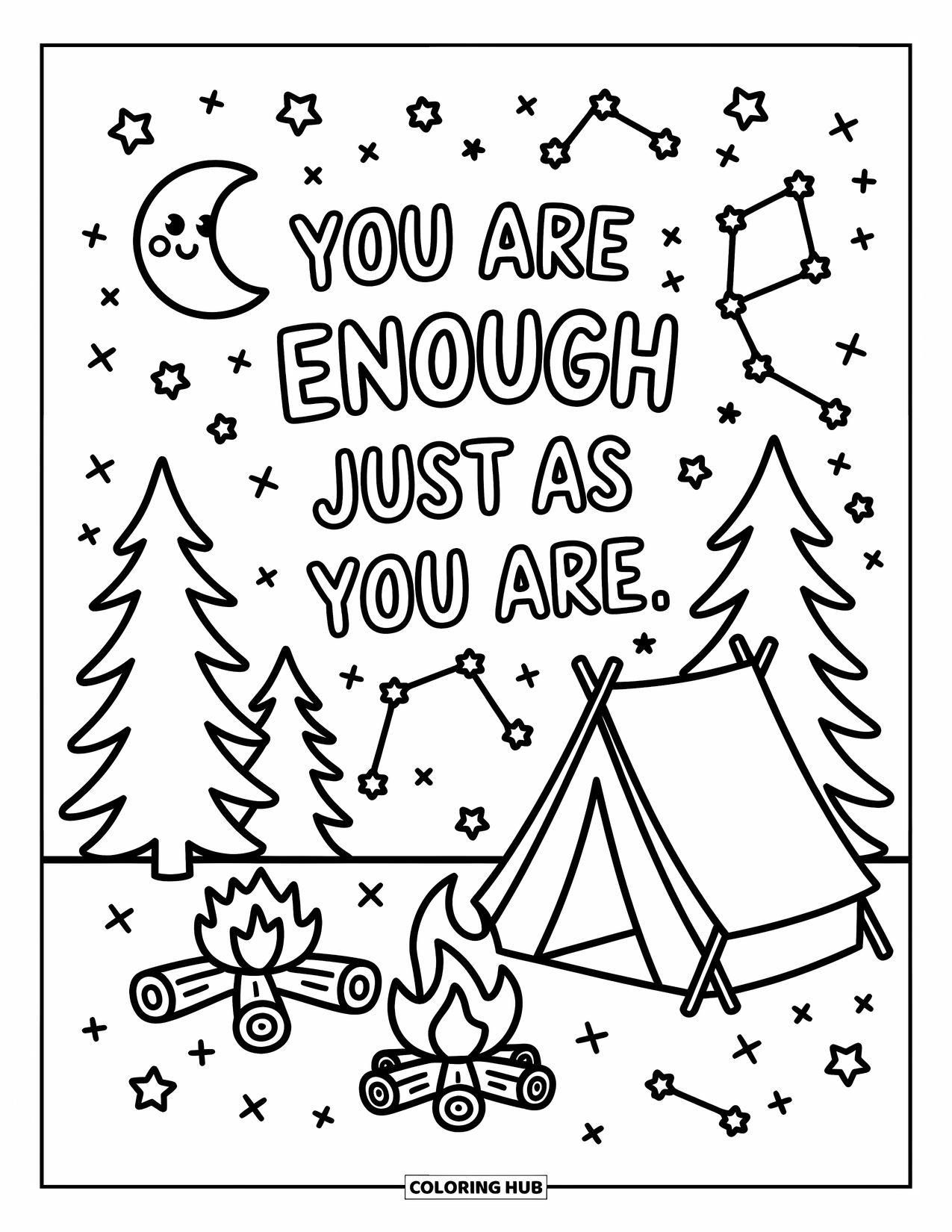 Mental Health Coloring Page for Adults: Whimsical campsite scene with stars and words of self-worth