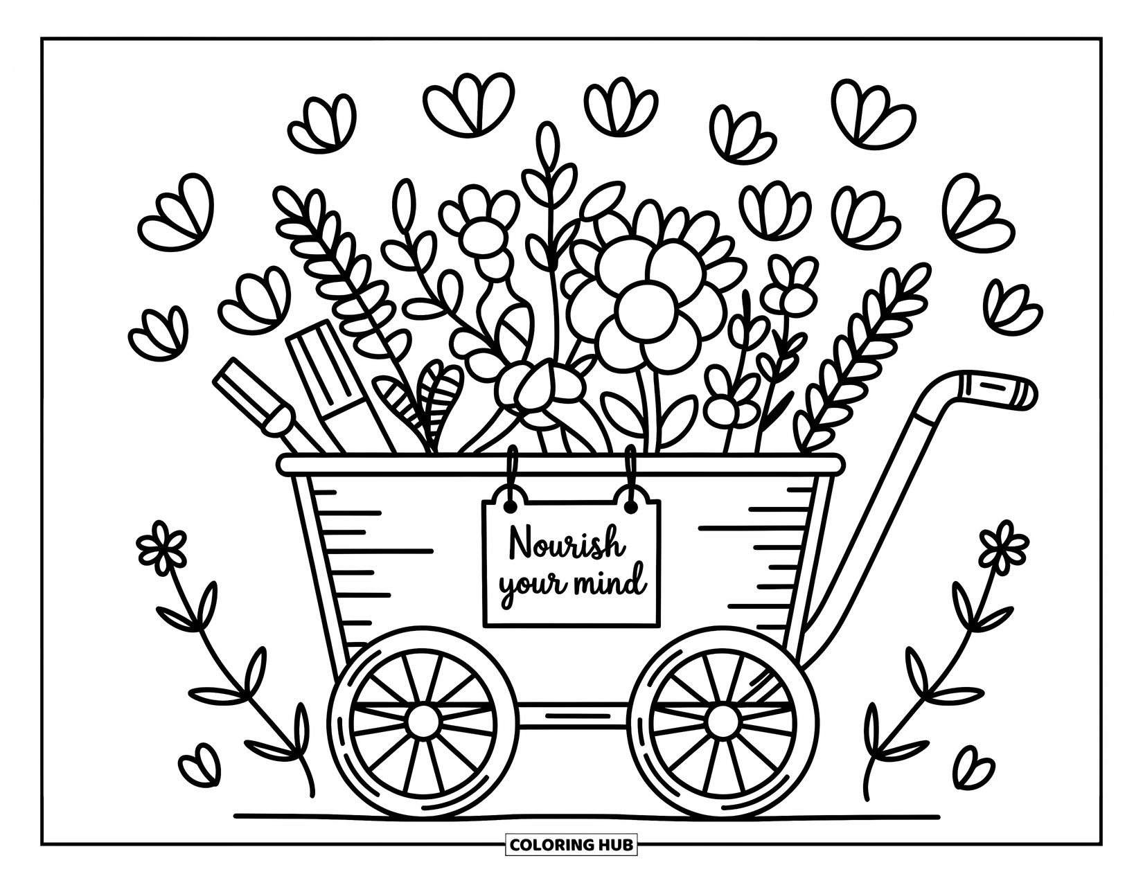 Mental Health Coloring Page for Adults: Whimsical flower cart with vines and a sweet "Nourish your mind" note
