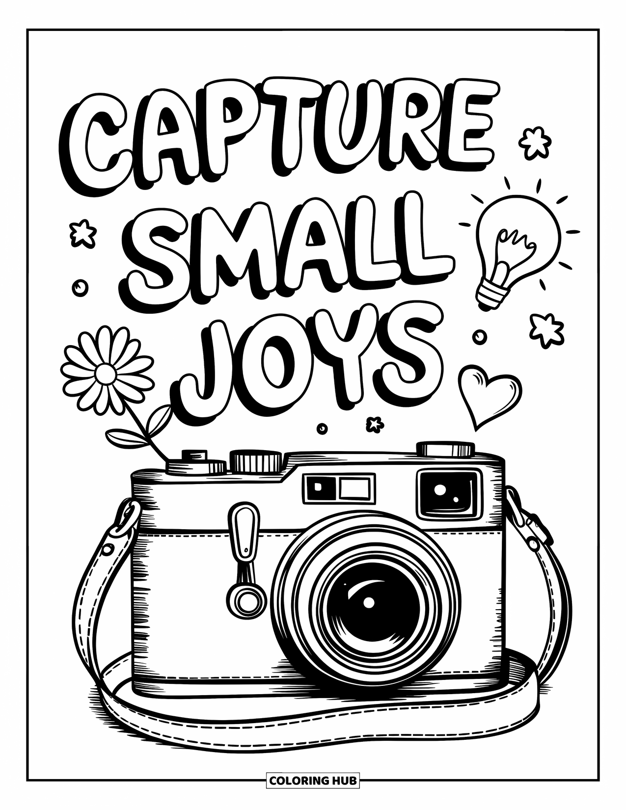 Mental Health Coloring Page for Kids: A cozy camera scene with bubble text: "Capture Small Joys