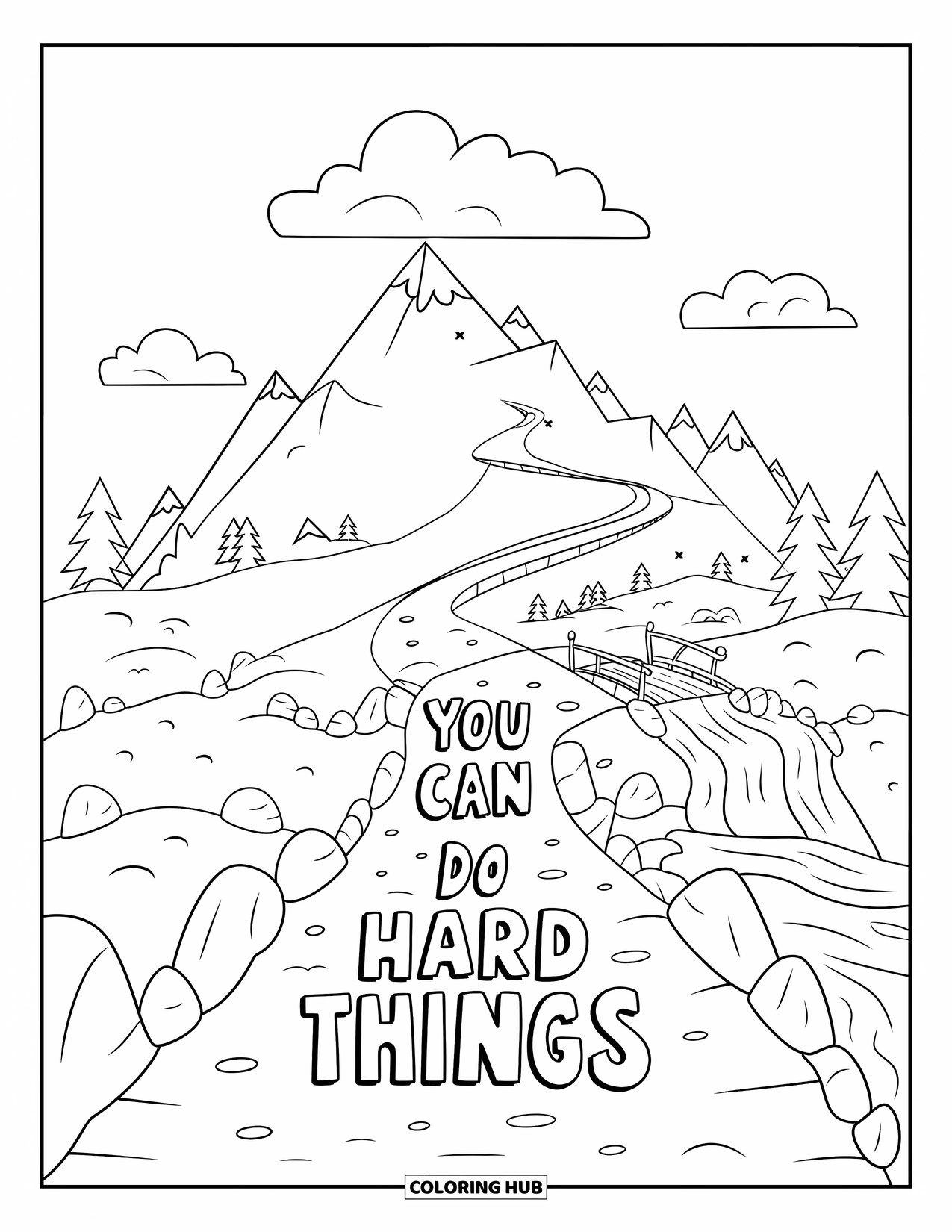Mental Health Coloring Page for Kids: A scenic mountain trail displays the message "You Can Do Hard Things