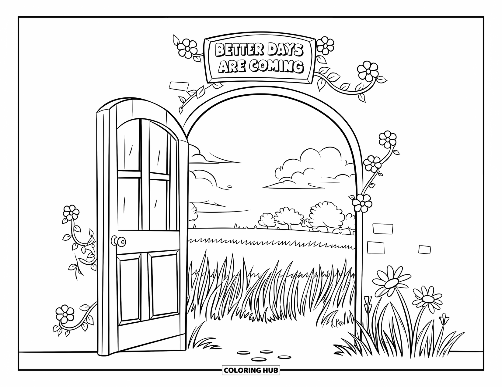 Mental Health Coloring Page for Kids: A sunny path through tall grass begins under a sign of hopeful days ahead