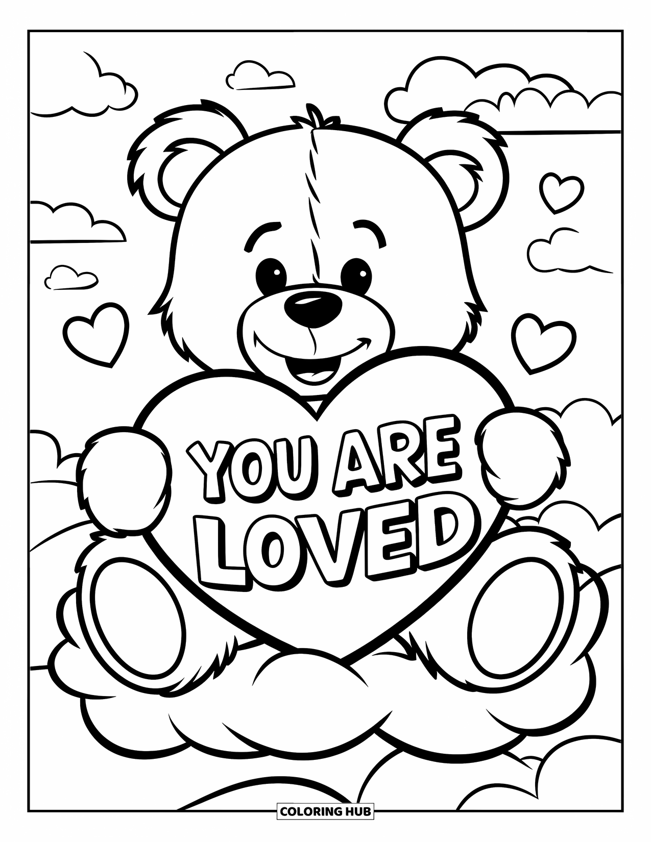 Mental Health Coloring Page for Kids: Bear with heart and clouds shares a loving "You Are Loved" message