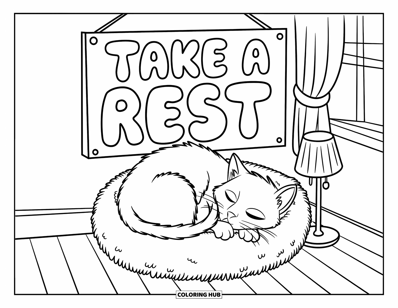 Mental Health Coloring Page for Kids: Cat snoozes in a fluffy bed under the words "Take a Rest