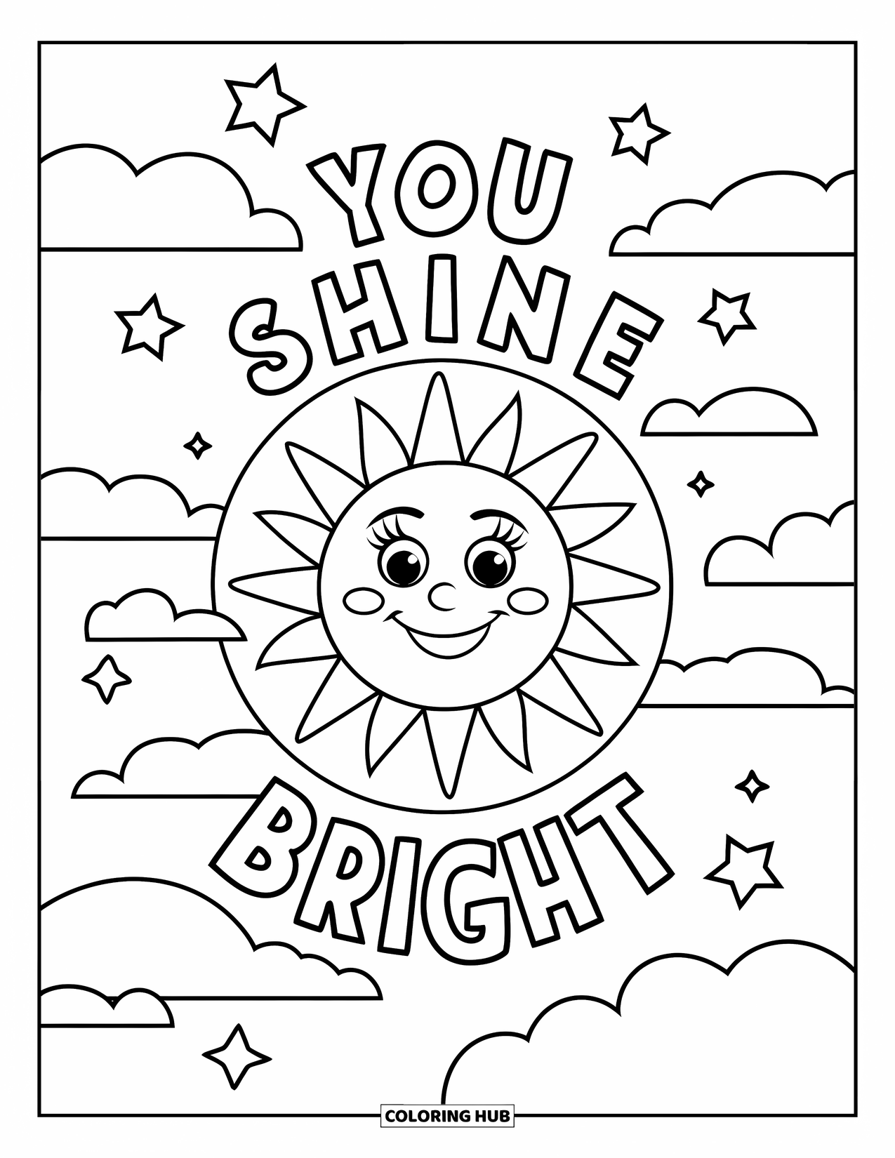 Mental Health Coloring Page for Kids: Cheerful sun beams under the message: "You Shine Bright