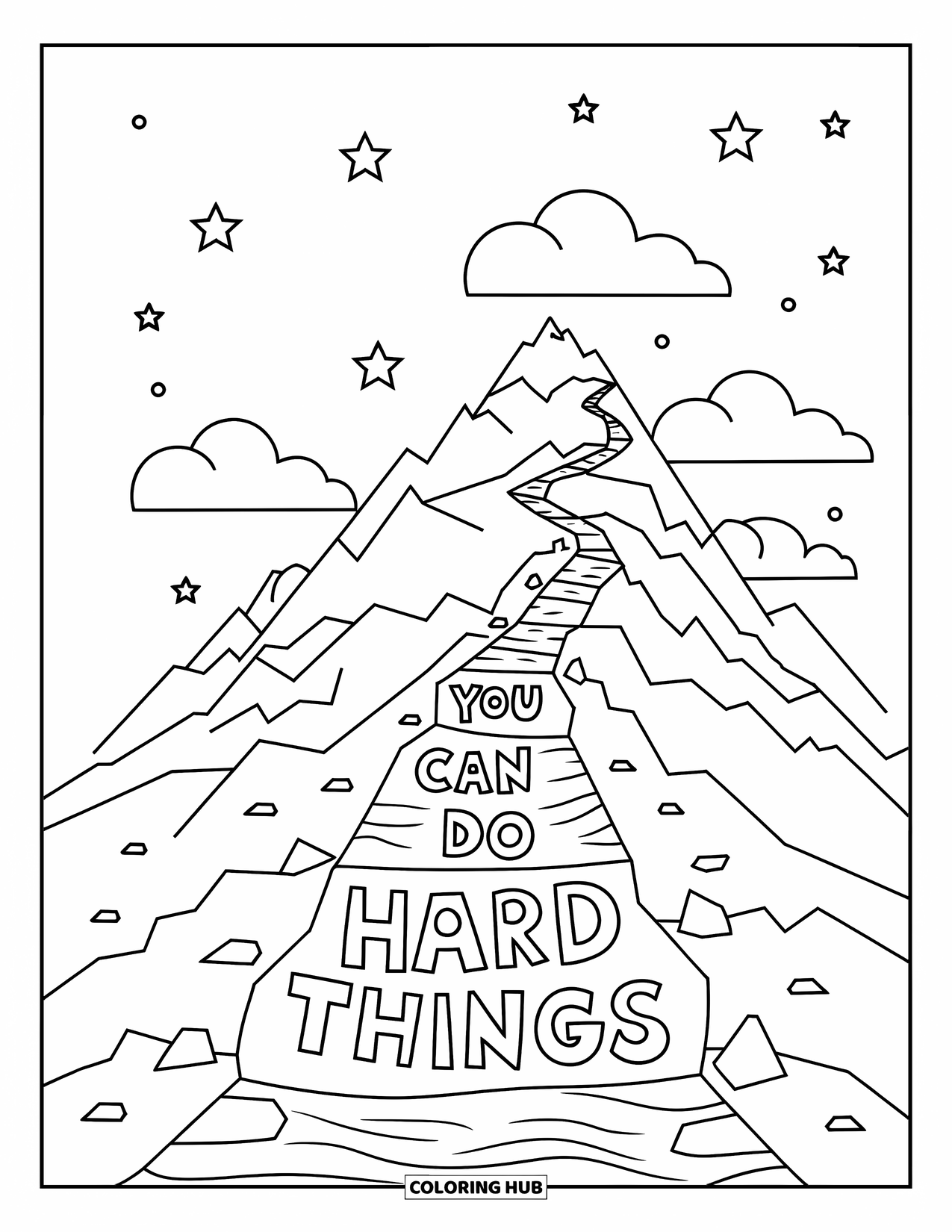 Mental Health Coloring Page for Kids: Cloudy mountain path with bold text: "You Can Do Hard Things