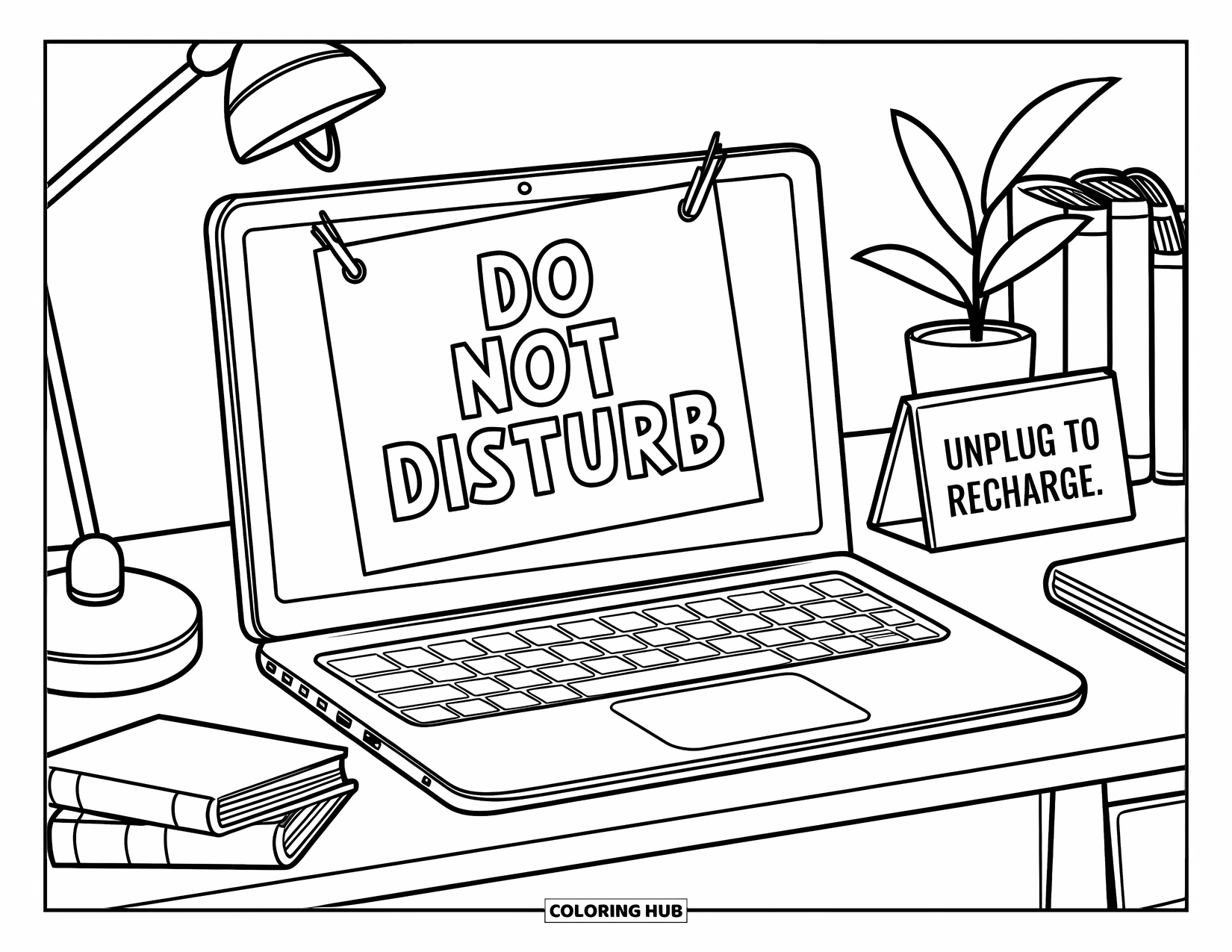 Mental Health Coloring Page for Kids: Cozy workspace with unplug reminders and a peaceful, plant-filled vibe