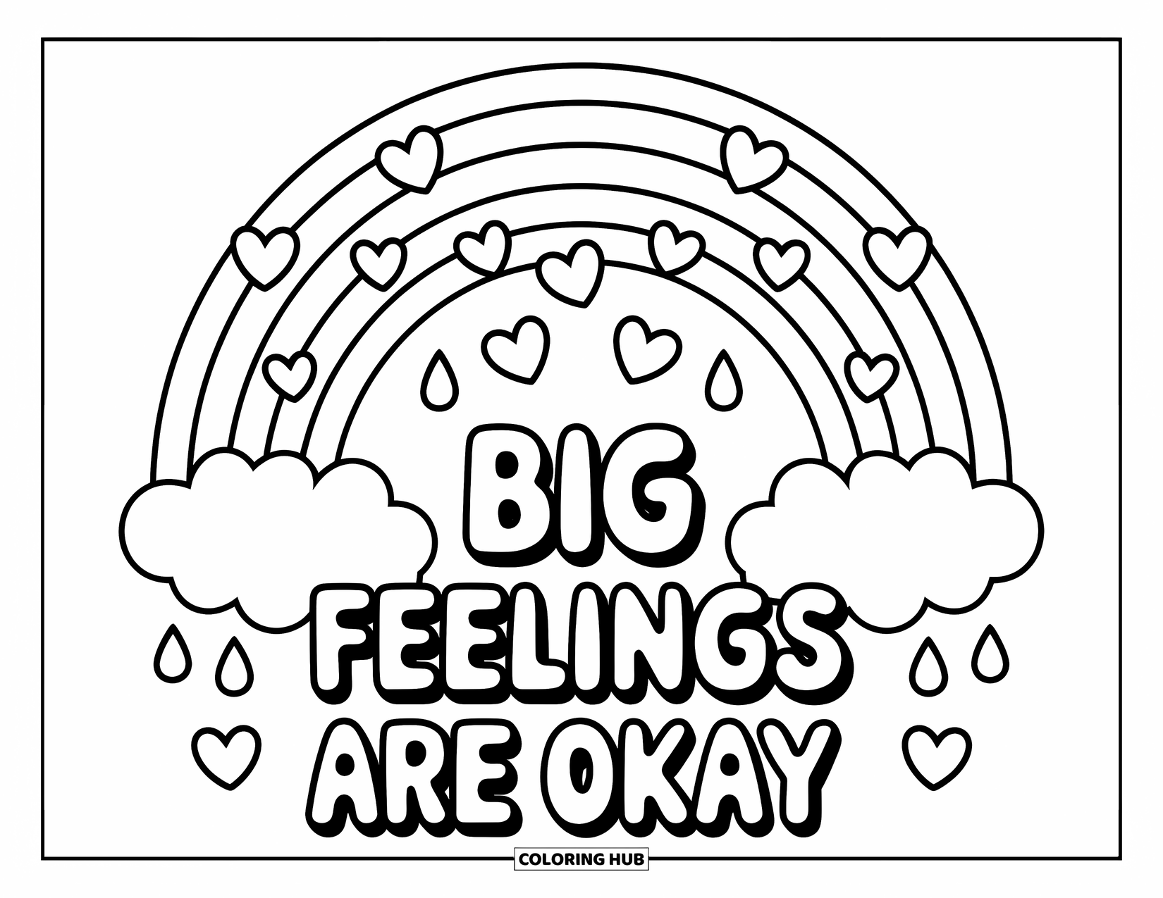 Mental Health Coloring Page for Kids: Cute rainbow with hearts and a sweet reminder: "Big Feelings Are Okay