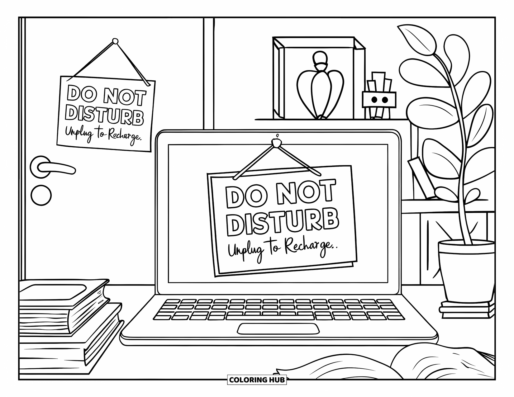 Mental Health Coloring Page for Kids: Desk setup with plants and signs that say "Do Not Disturb" and "Recharge