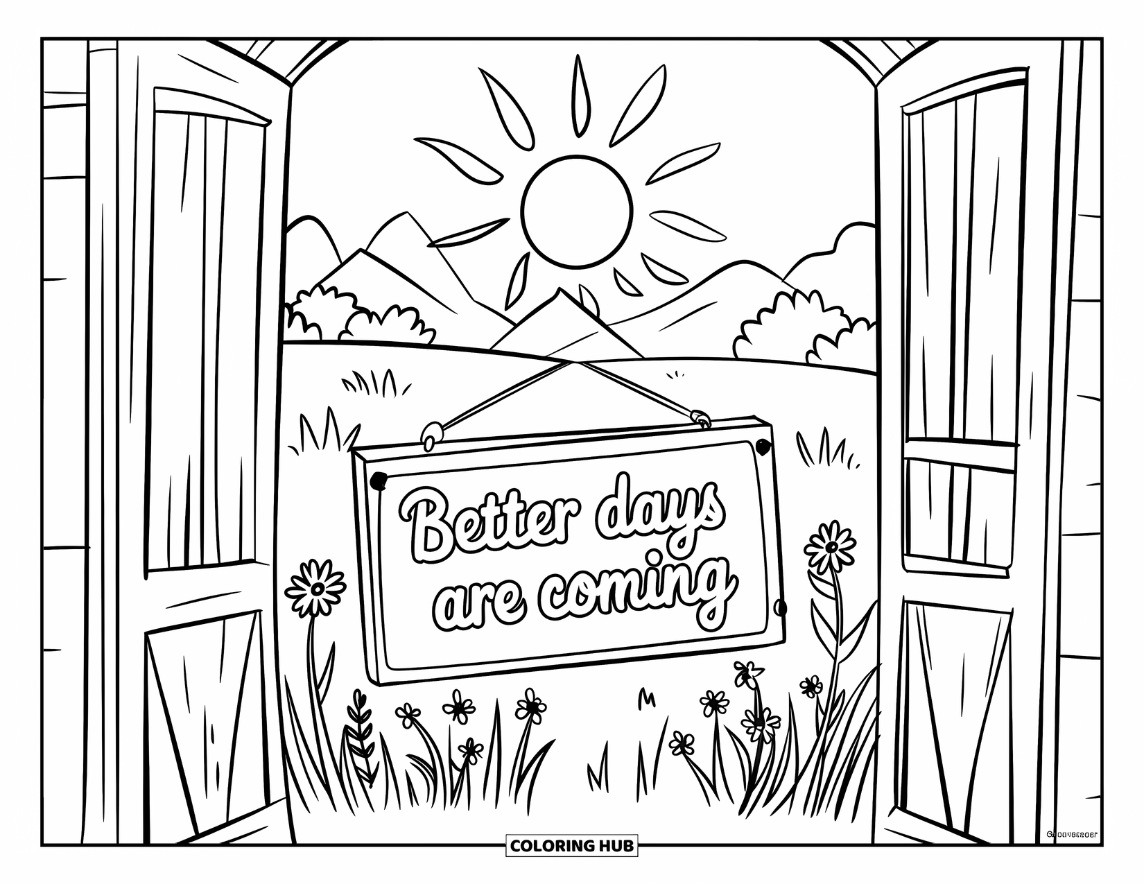 Mental Health Coloring Page for Kids: Doorway opens to a sunny field with the message "Better Days Are Coming