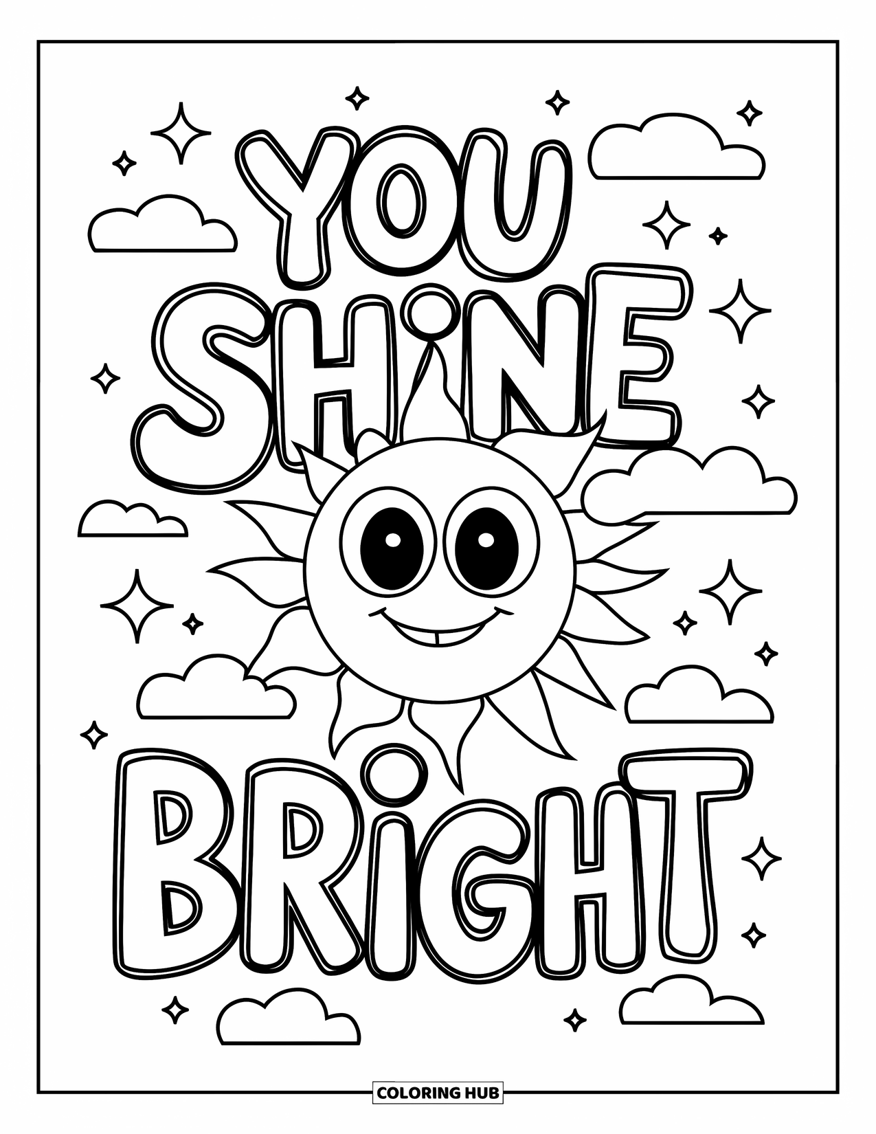 Mental Health Coloring Page for Kids: Glowing sun with a big smile and the phrase "You Shine Bright