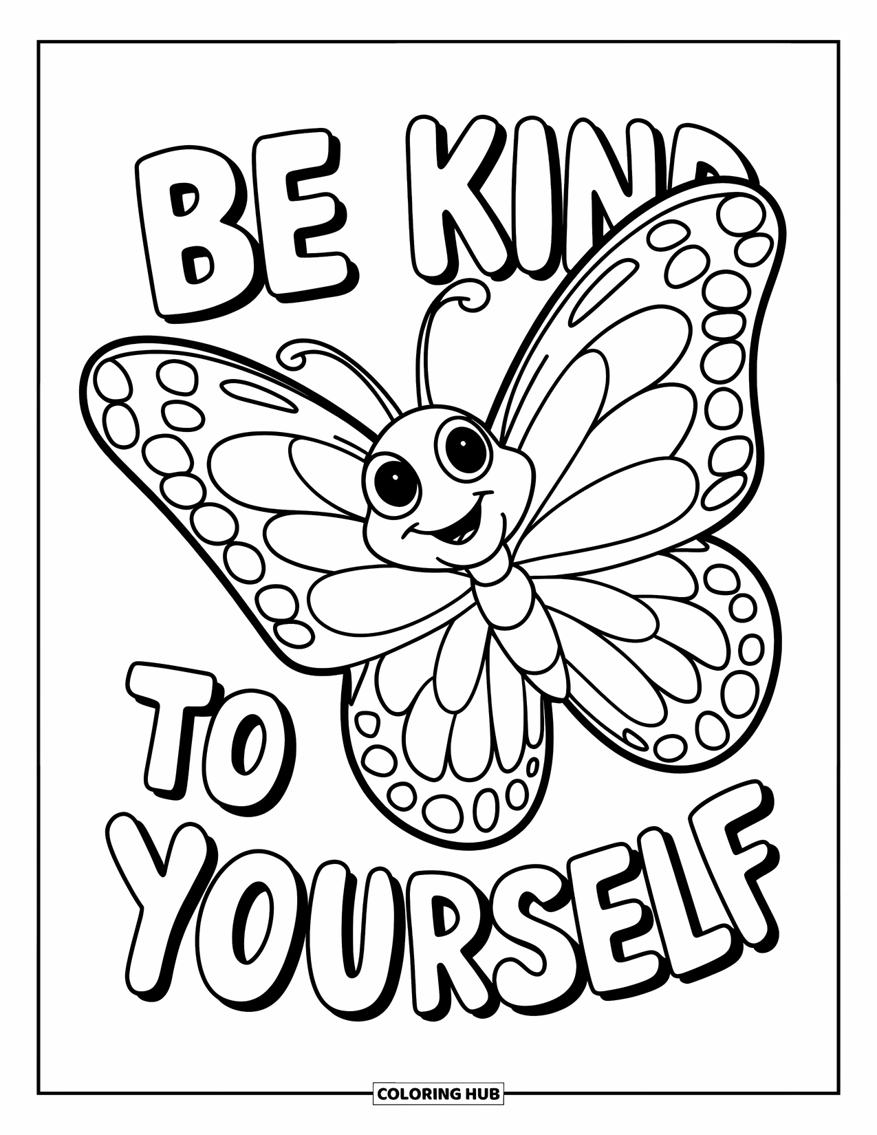 Mental Health Coloring Page for Kids: Happy butterflies remind you to be kind to yourself