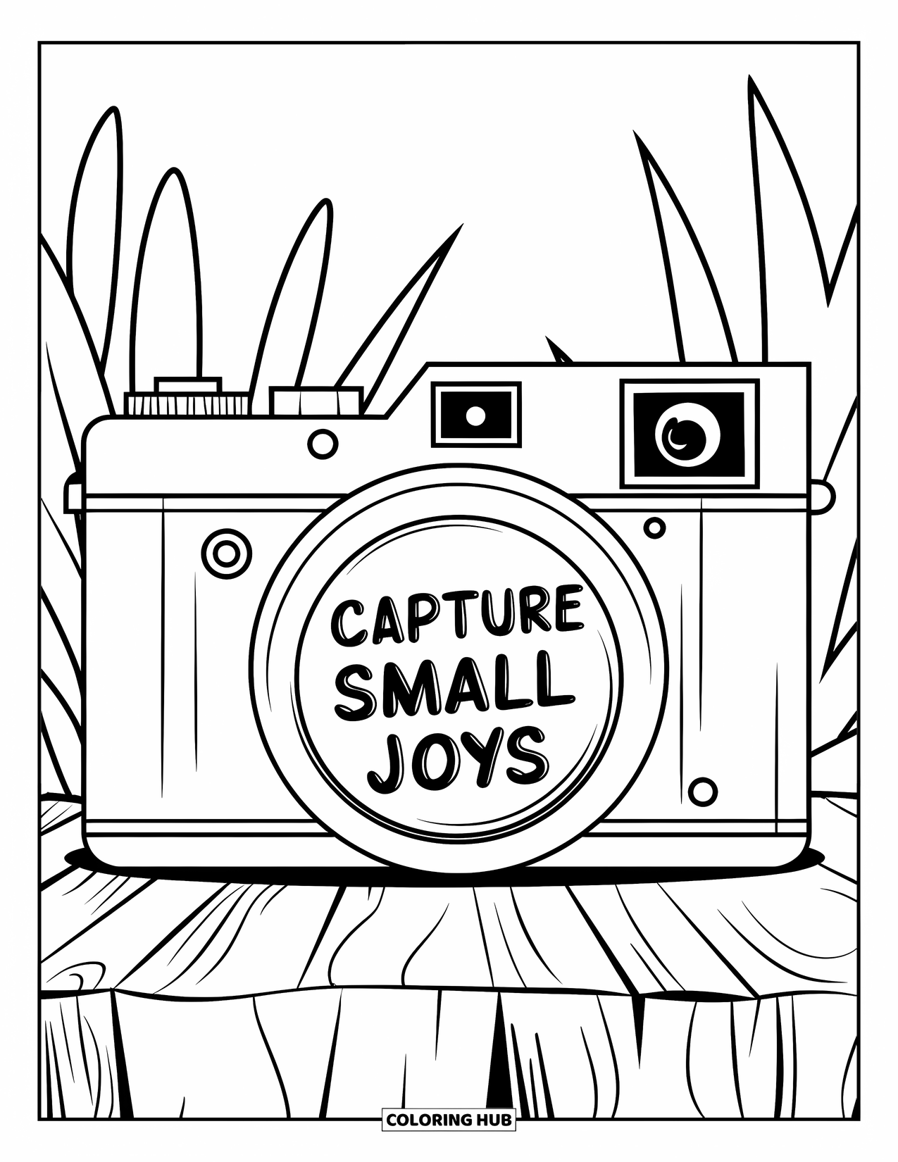Mental Health Coloring Page for Kids: Old-fashioned camera reminds us to "Capture Small Joys" each day